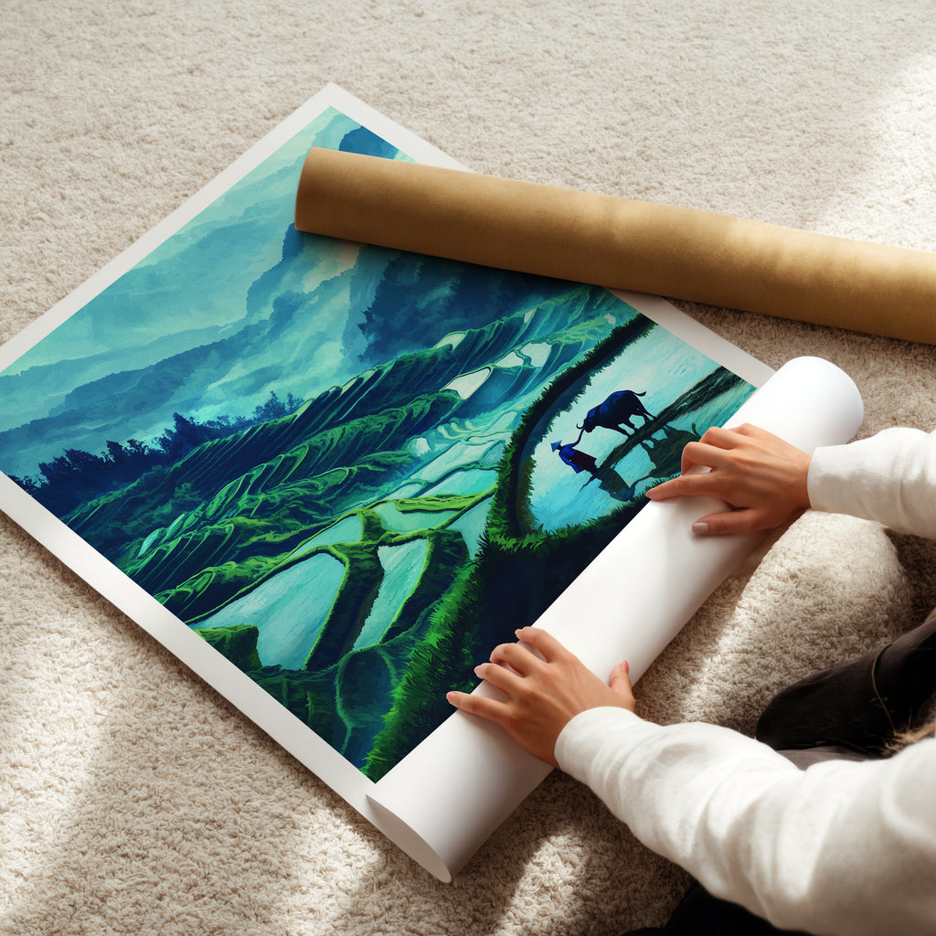 China Travel Poster: Longsheng Rice Terraces Illustration Art