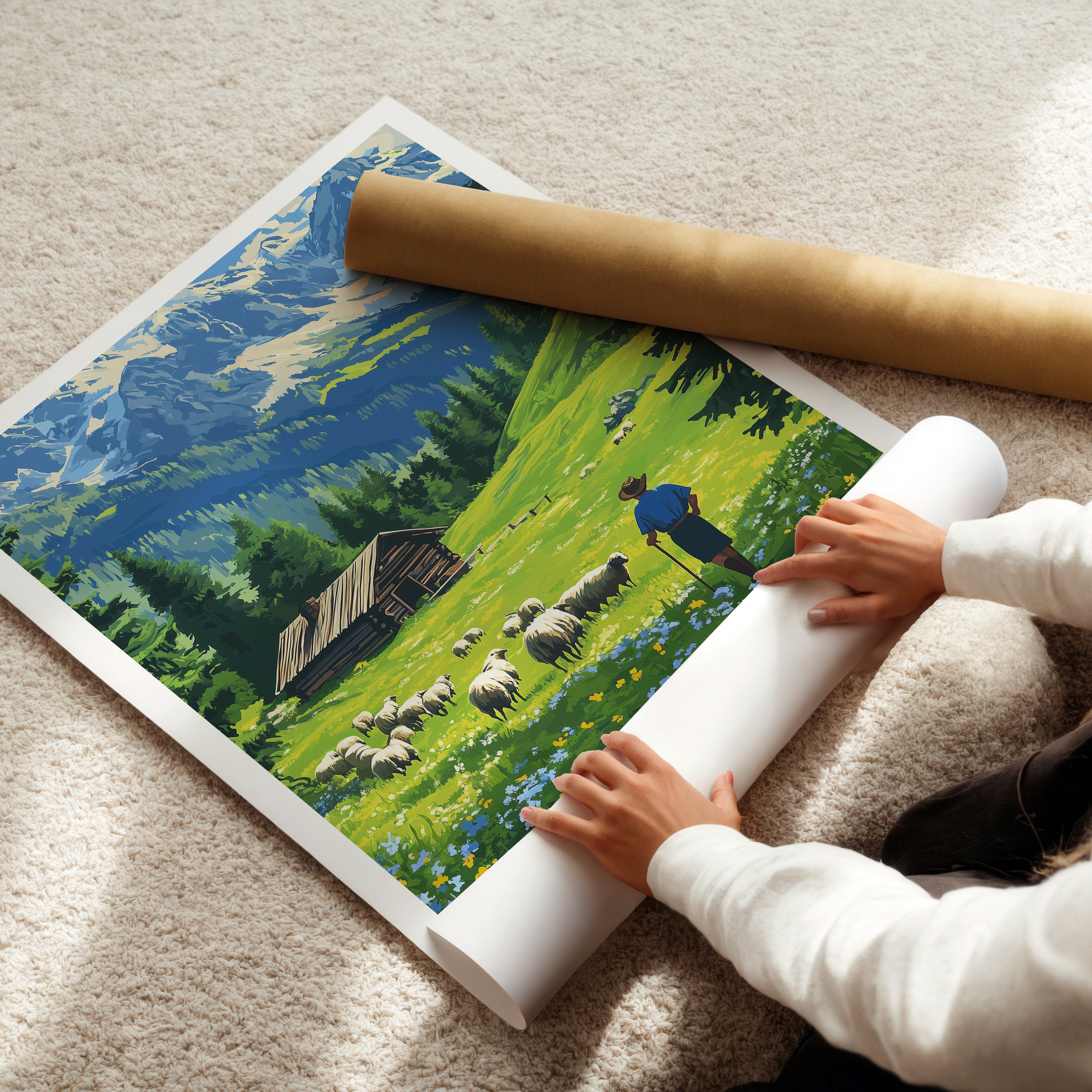 Poland Travel Poster – Tatra Mountains Shepherd & Alpine Cabin Landscape Art Print