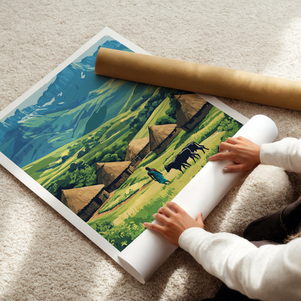 South Africa Travel Poster: Drakensberg Mountains & Zulu Village Illustration Art