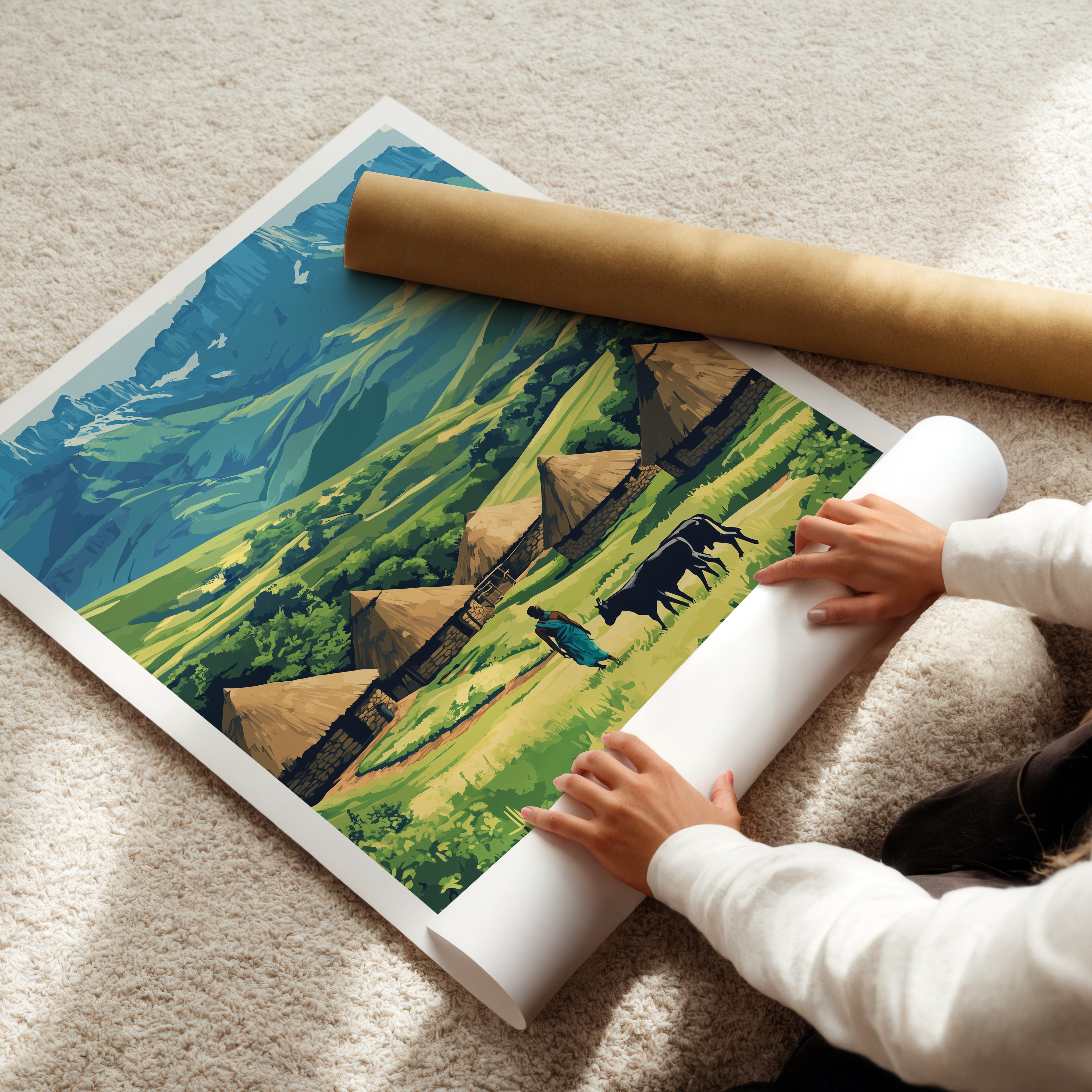 South Africa Travel Poster: Drakensberg Mountains & Zulu Village Illustration Art