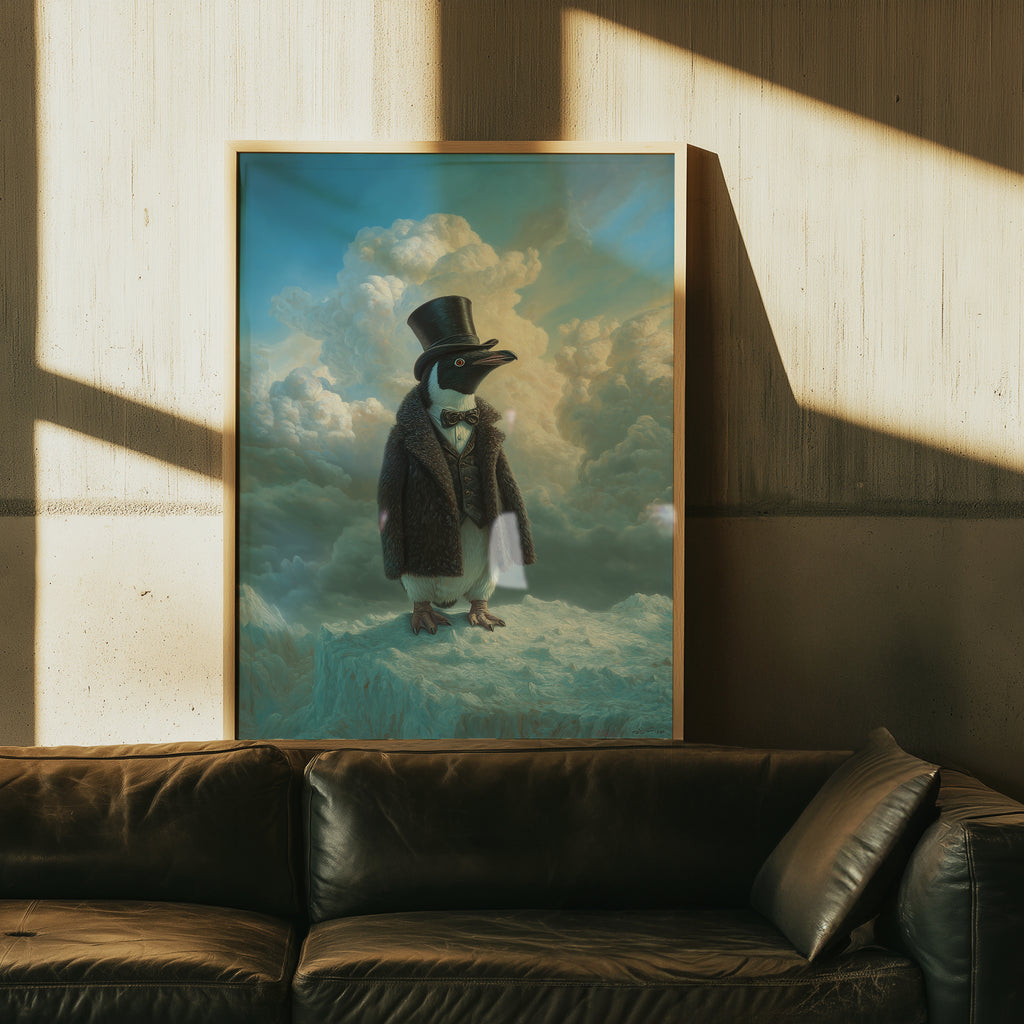 Aristocratic Penguin in Antarctica – Funny Animal Portrait, Aurora Wall Art, Whimsical Winter Decor
