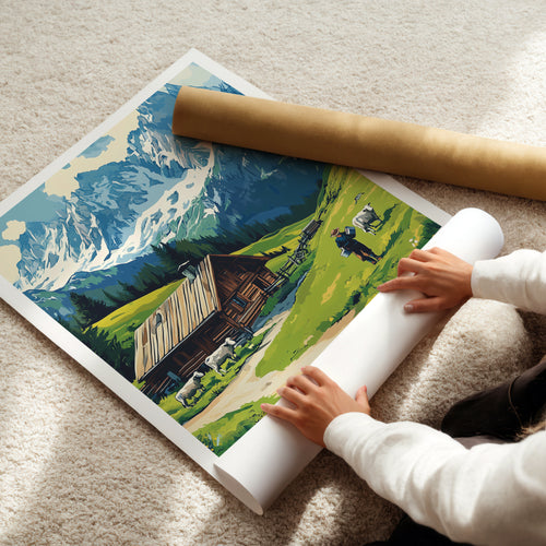 Austria Alps Travel Poster – Alpine Cabin & Mountain Landscape Illustration with Cows