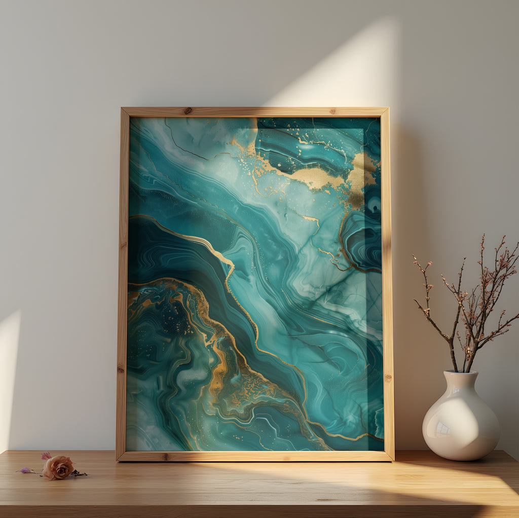 Ocean wall art featuring abstract teal and gold coastal currents with flowing waves