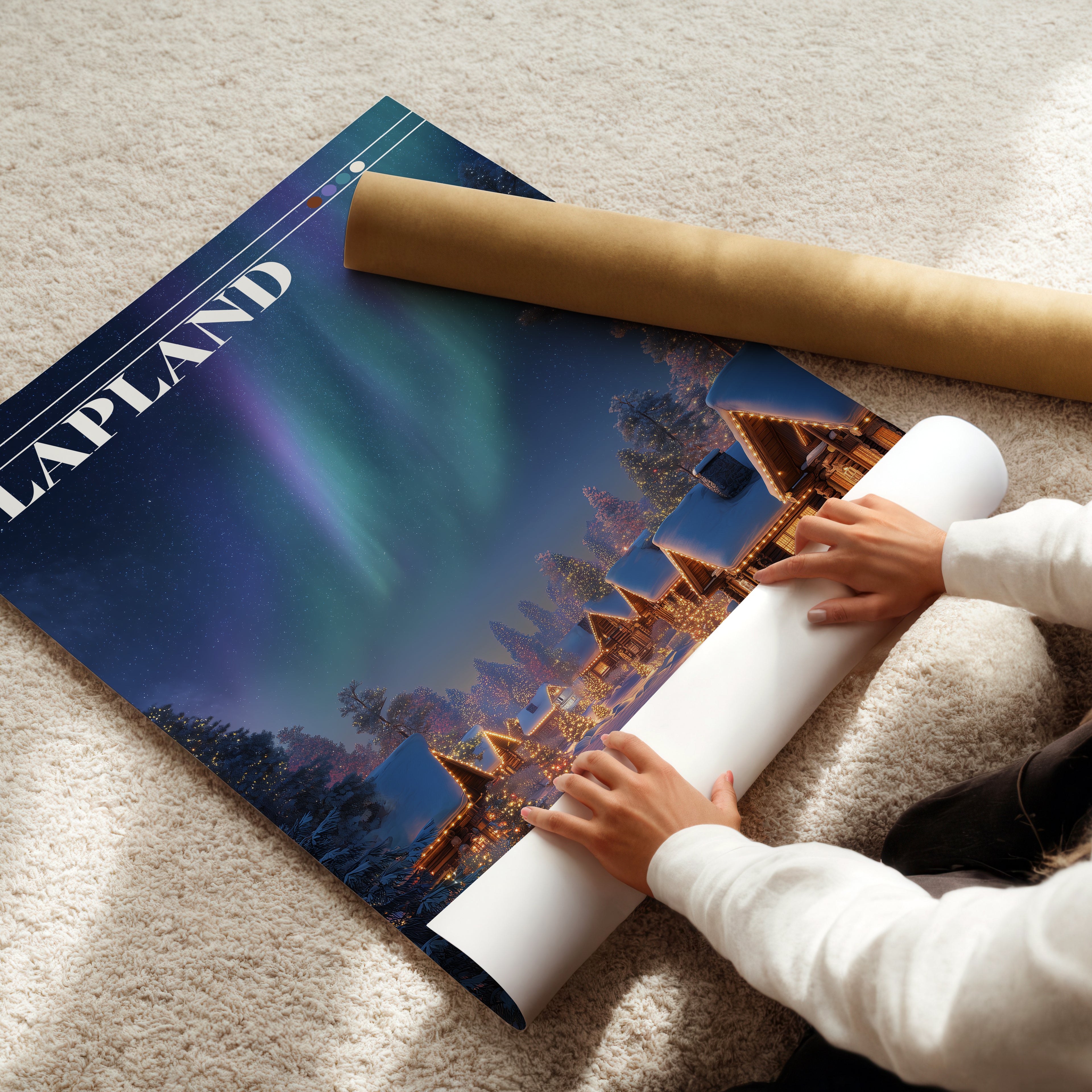 Lapland Northern Lights Travel Print: Santa Claus Village Winter Cabin Art