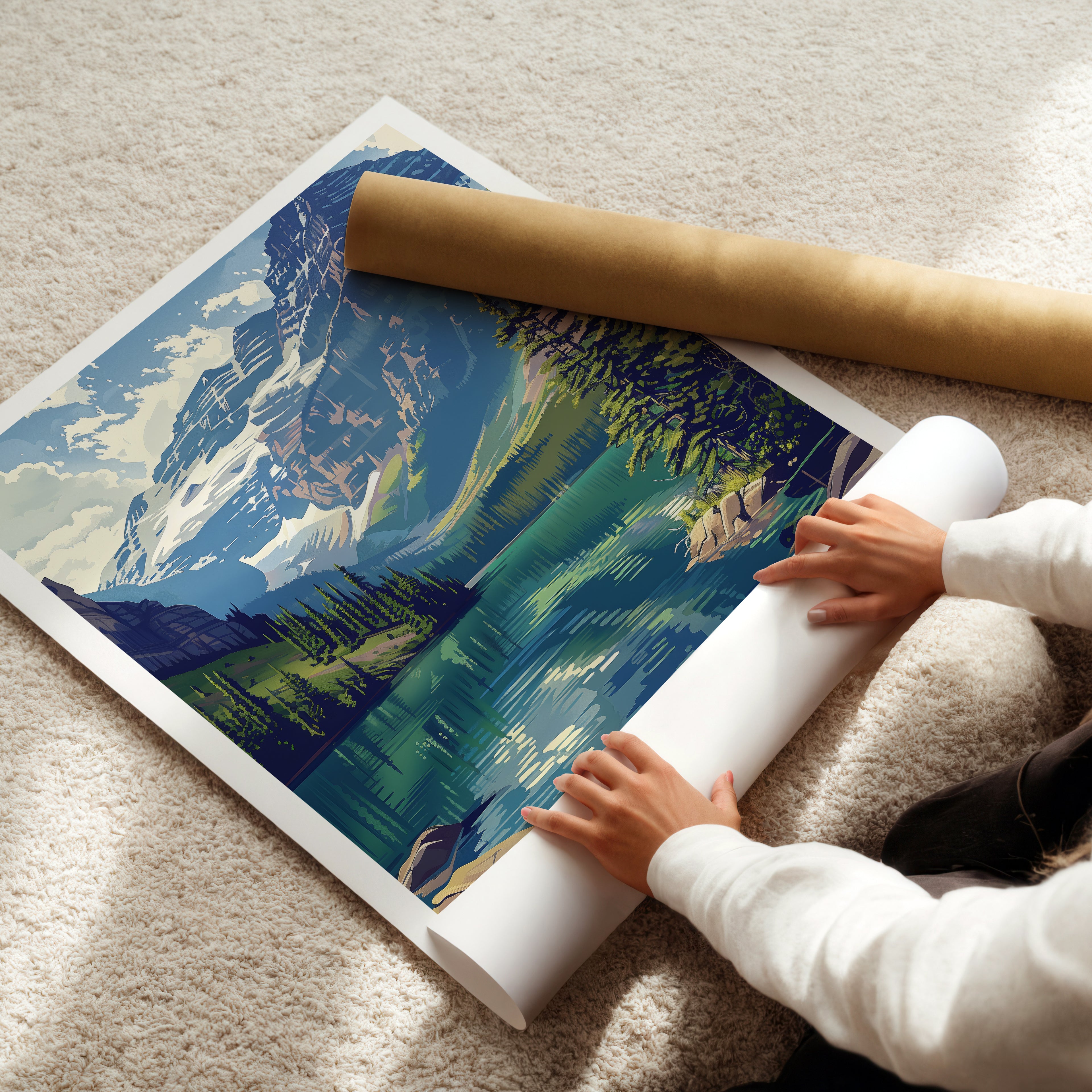 Banff Canada Travel Poster: Scenic Mountain Lake Illustration Art