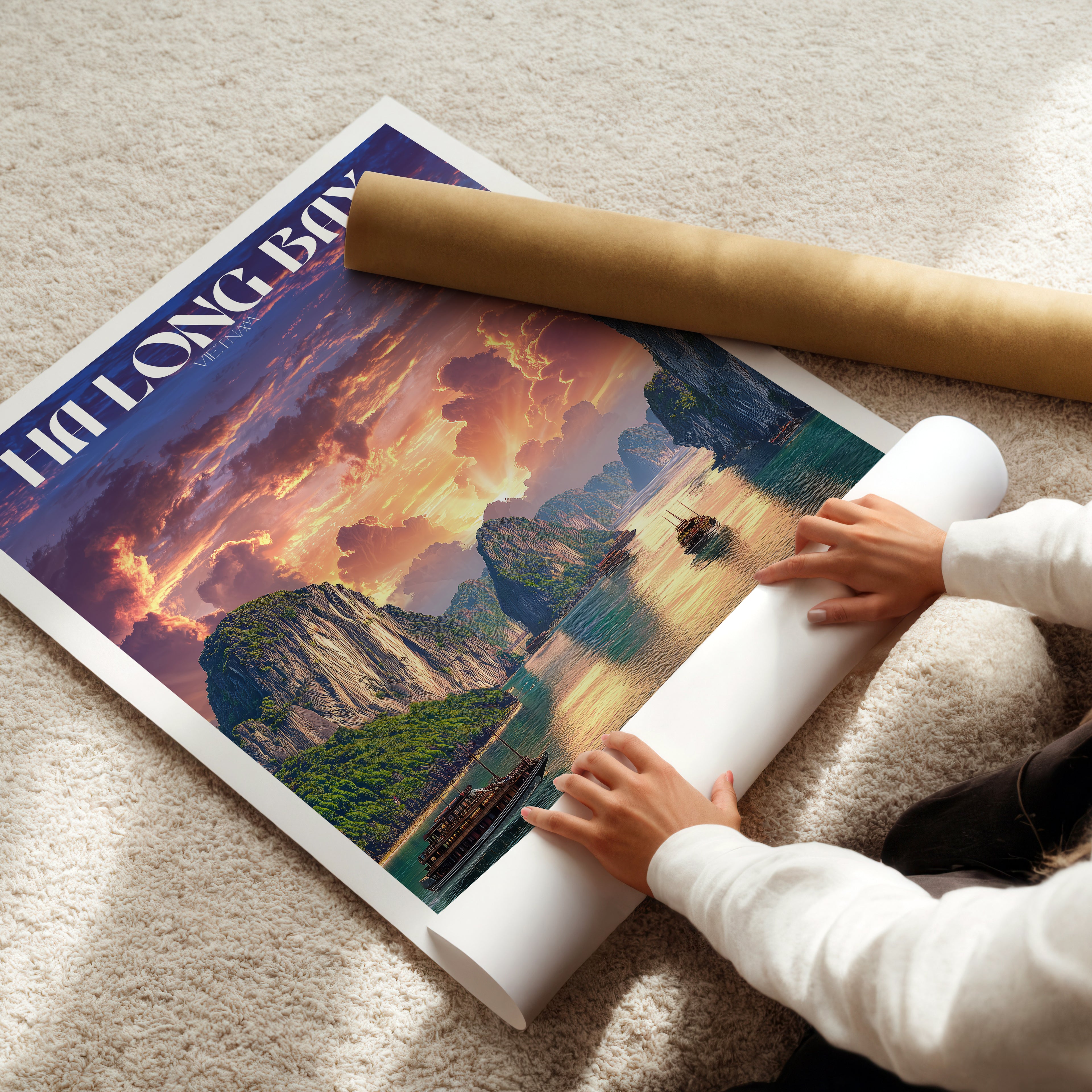 Ha Long Bay Vietnam Poster – Travel Print, Sunset Seascape Wall Art, Nature Landscape Decor