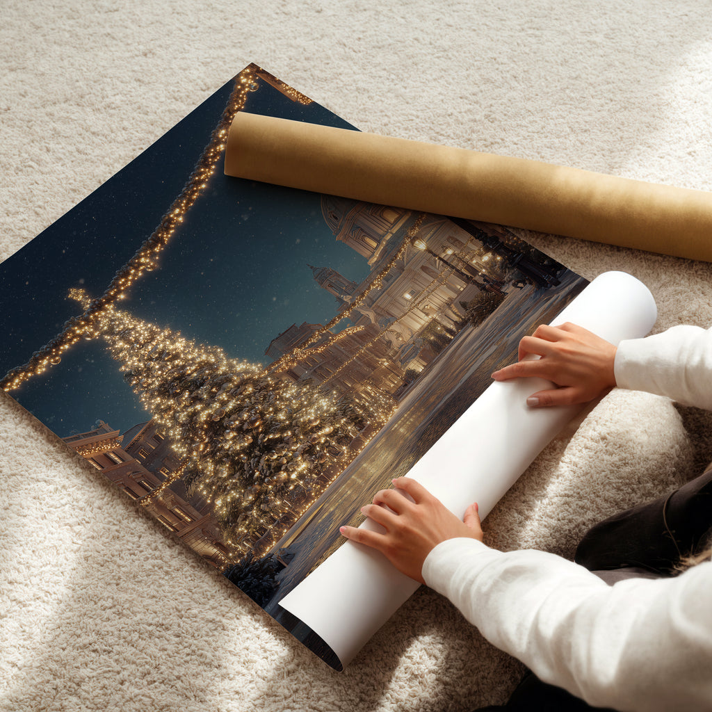 Rome Italy Poster – Christmas Piazza Wall Art, Holiday City Print, Festive Travel Photography Decor