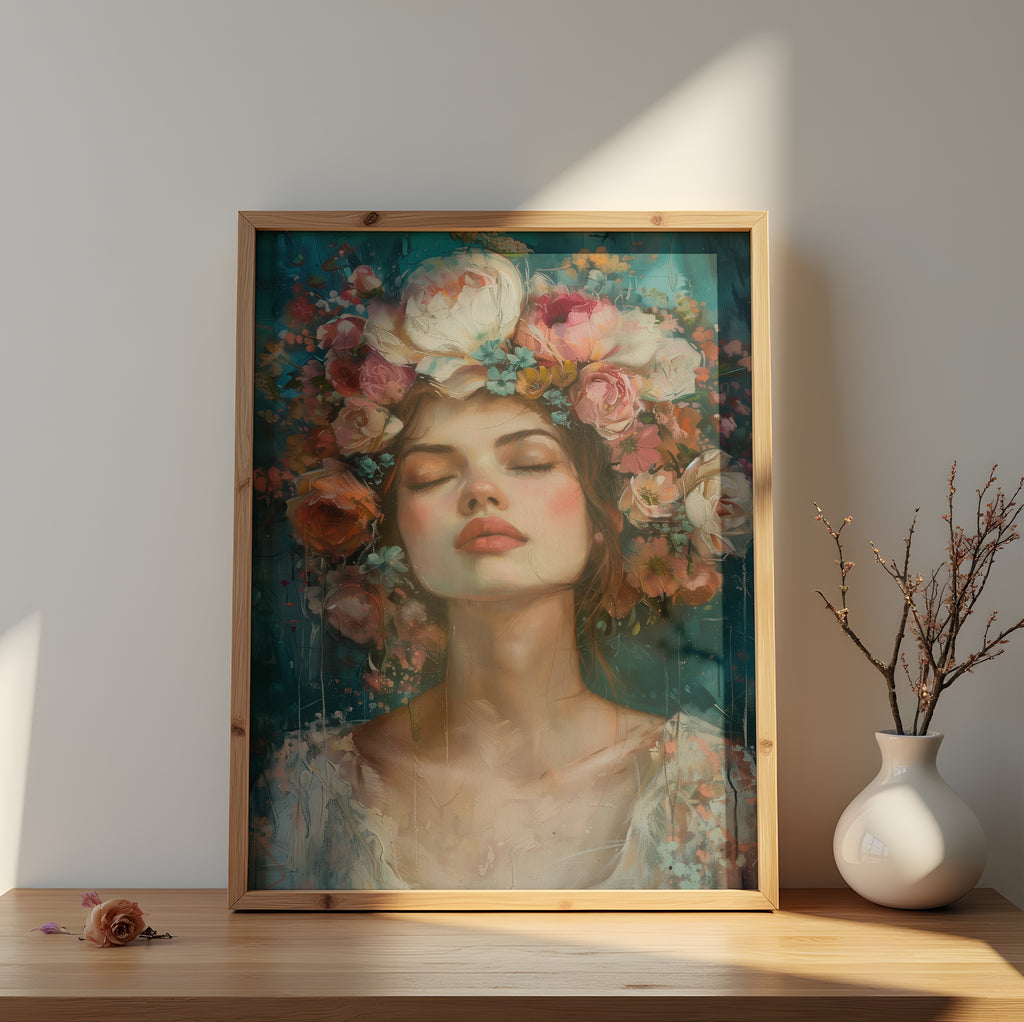 Floral wall art featuring a serene woman in a pink flower crown against a teal background, exuding tranquility