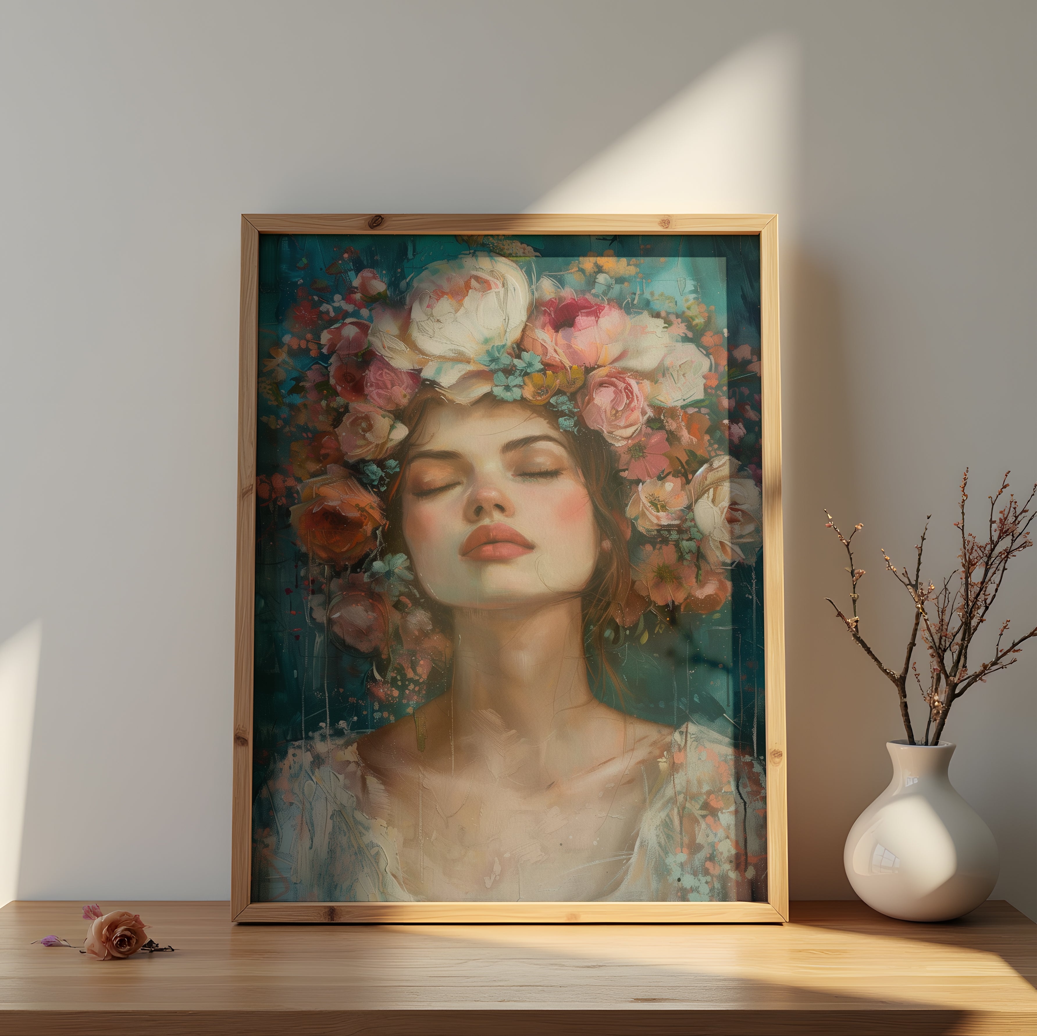 Floral wall art featuring a serene woman in a pink flower crown against a teal background, exuding tranquility