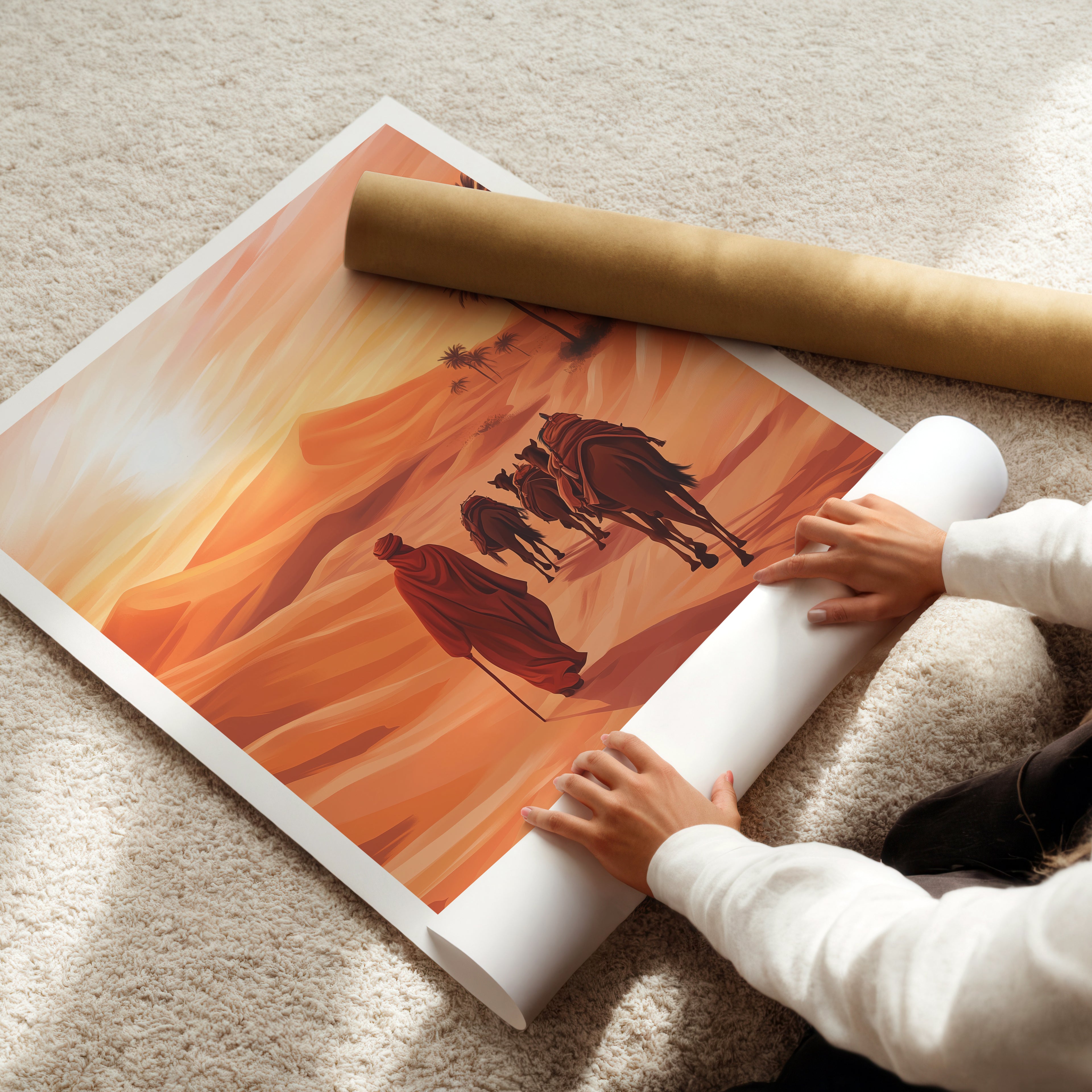 Morocco Travel Poster: Sahara Desert Sunset Illustration Art