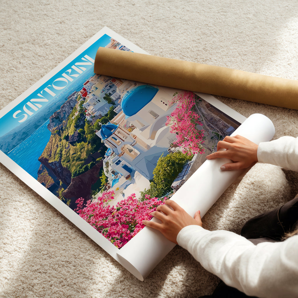 Greece Travel Poster – Santorini Island Wall Art Print, Cycladic Architecture, Coastal Decor