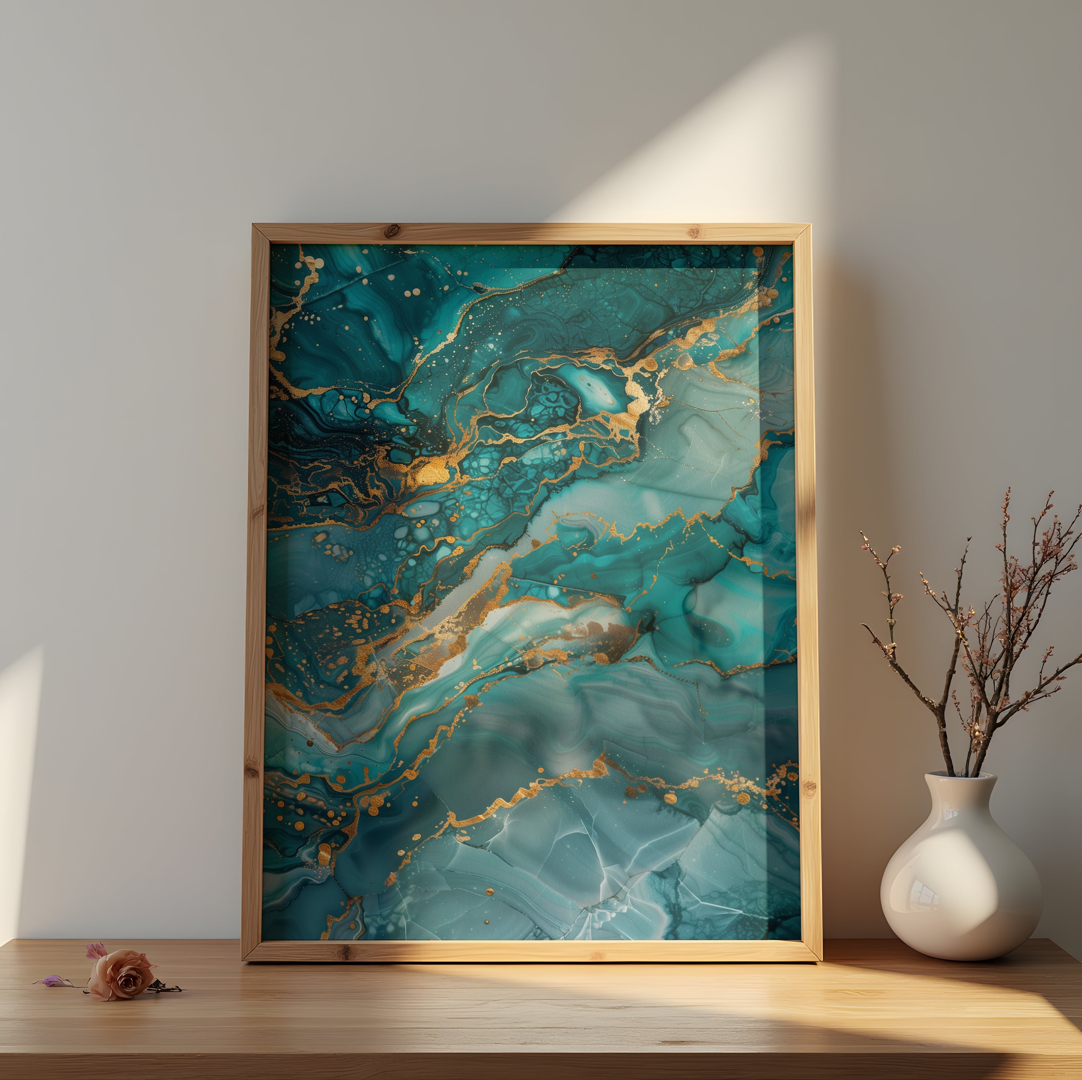Marble wall art featuring abstract teal and gold ocean textures with fluid patterns