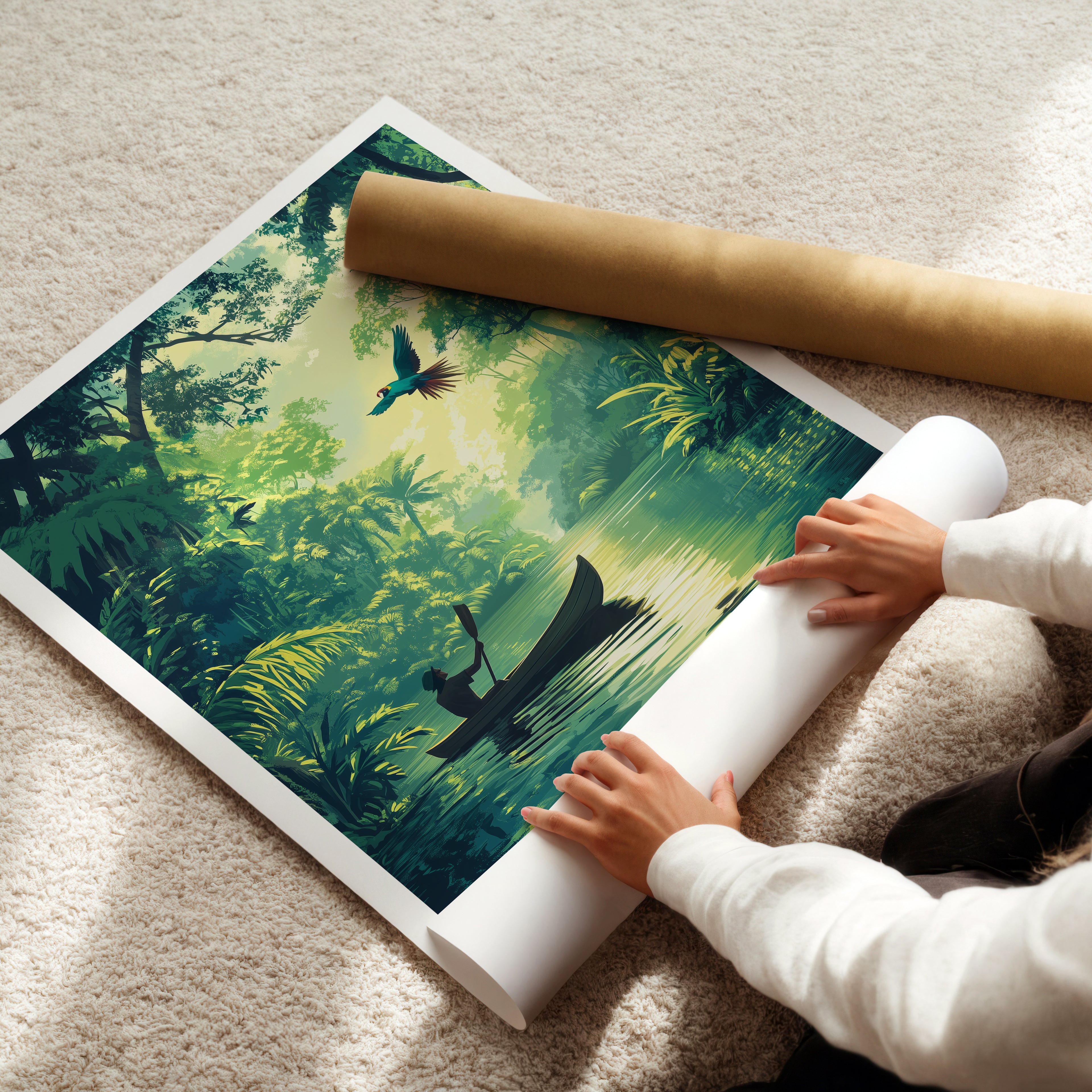 Brazil Amazon Rainforest Travel Poster – Jungle River Canoe & Macaw Illustration Art