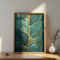 Gold Kintsugi Wall Art featuring abstract teal and golden veins design in a stylish wooden frame.