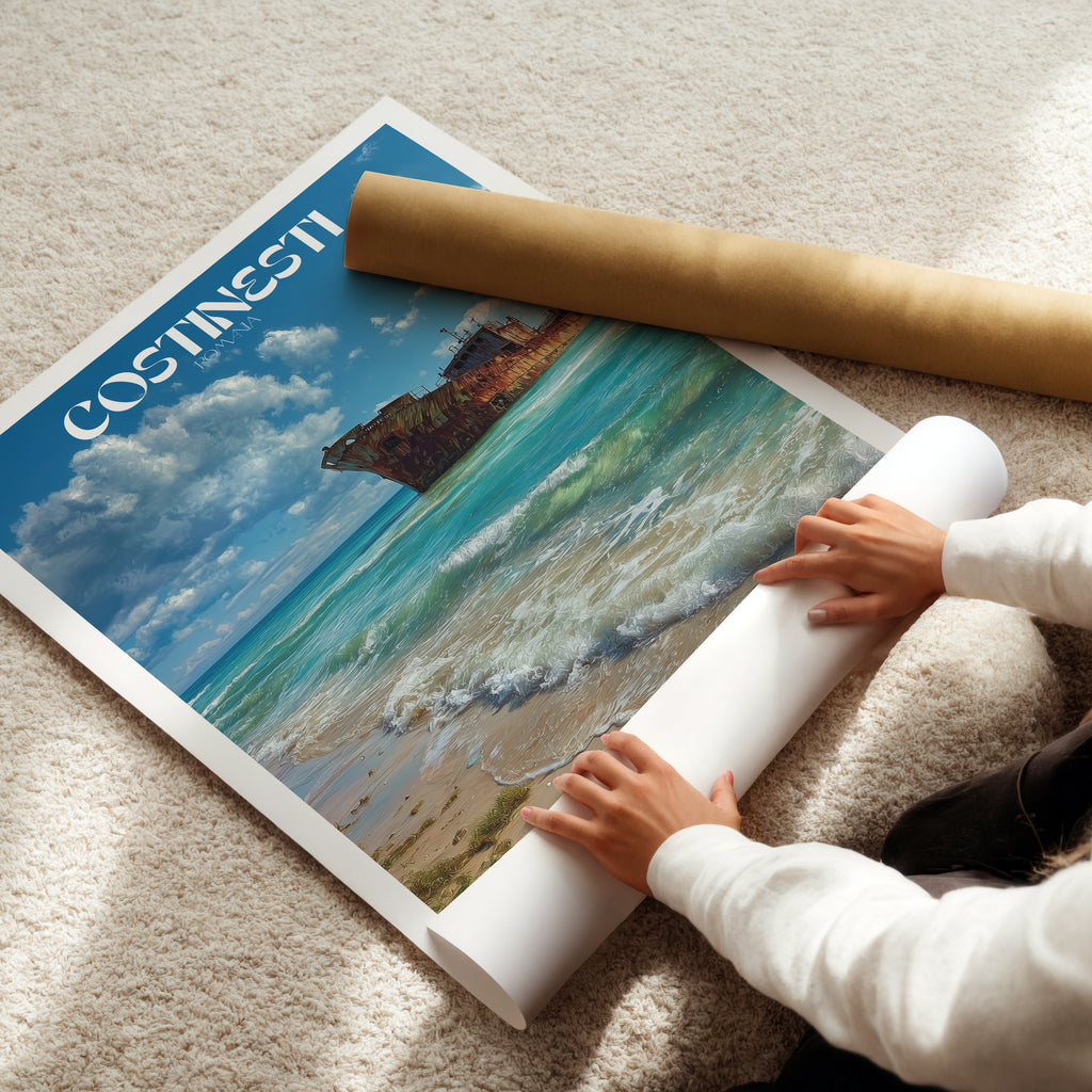 Romania Travel Poster – Costinești Shipwreck Wall Art Print, Black Sea Coastal Decor