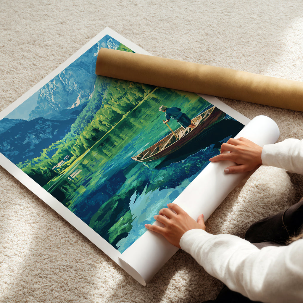 Slovenia Lake Travel Poster – Alpine Lake & Mountains Art Print, Canoe Landscape Illustration