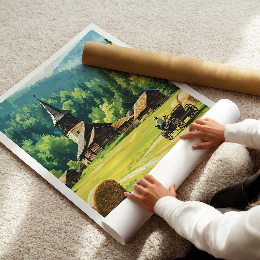 Romania Travel Poster: Traditional Village Maramures Illustration Art