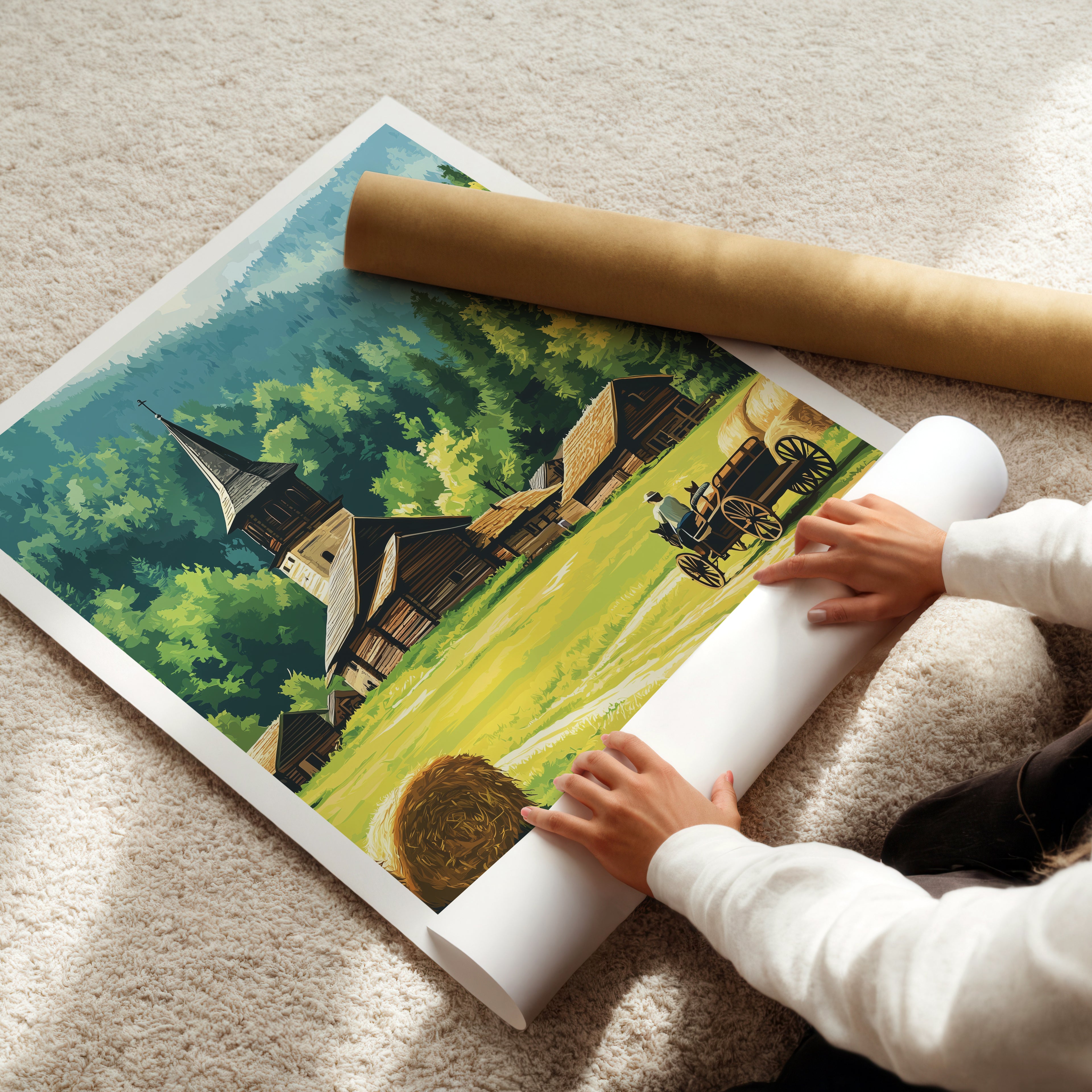Romania Travel Poster: Traditional Village Maramures Illustration Art