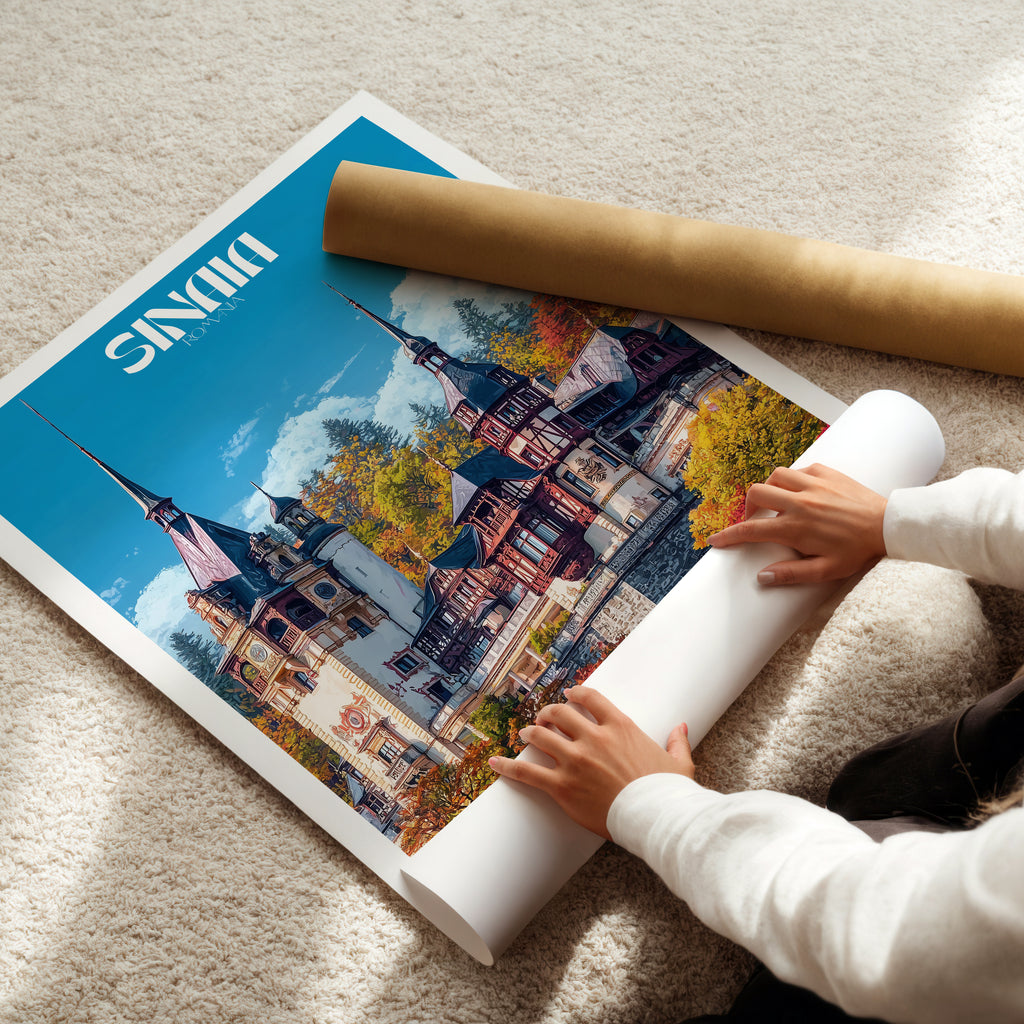 Romania Travel Poster – Peles Castle Sinaia Print, Historic Wall Art, European Landmark Decor