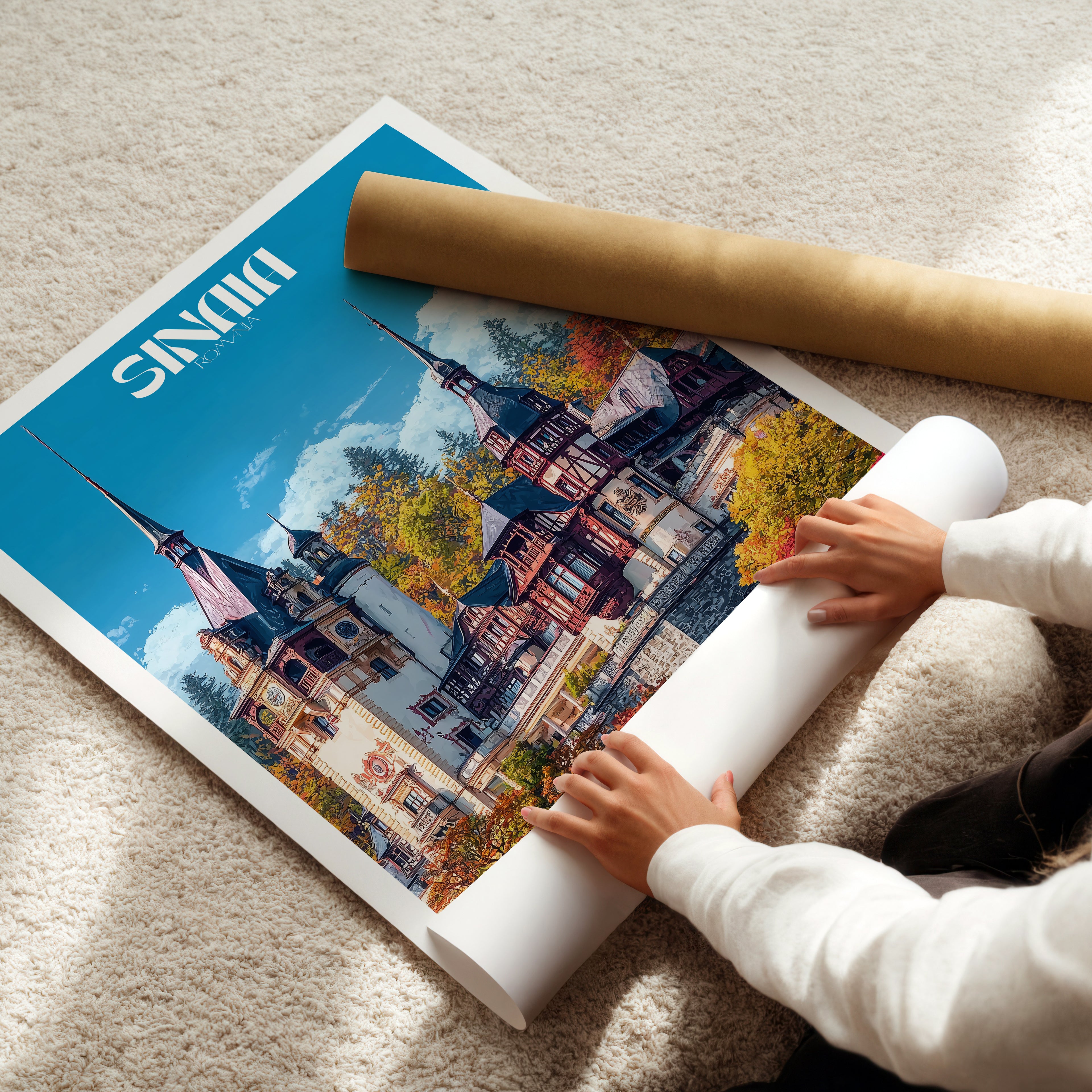 Romania Travel Poster – Peles Castle Sinaia Print, Historic Wall Art, European Landmark Decor