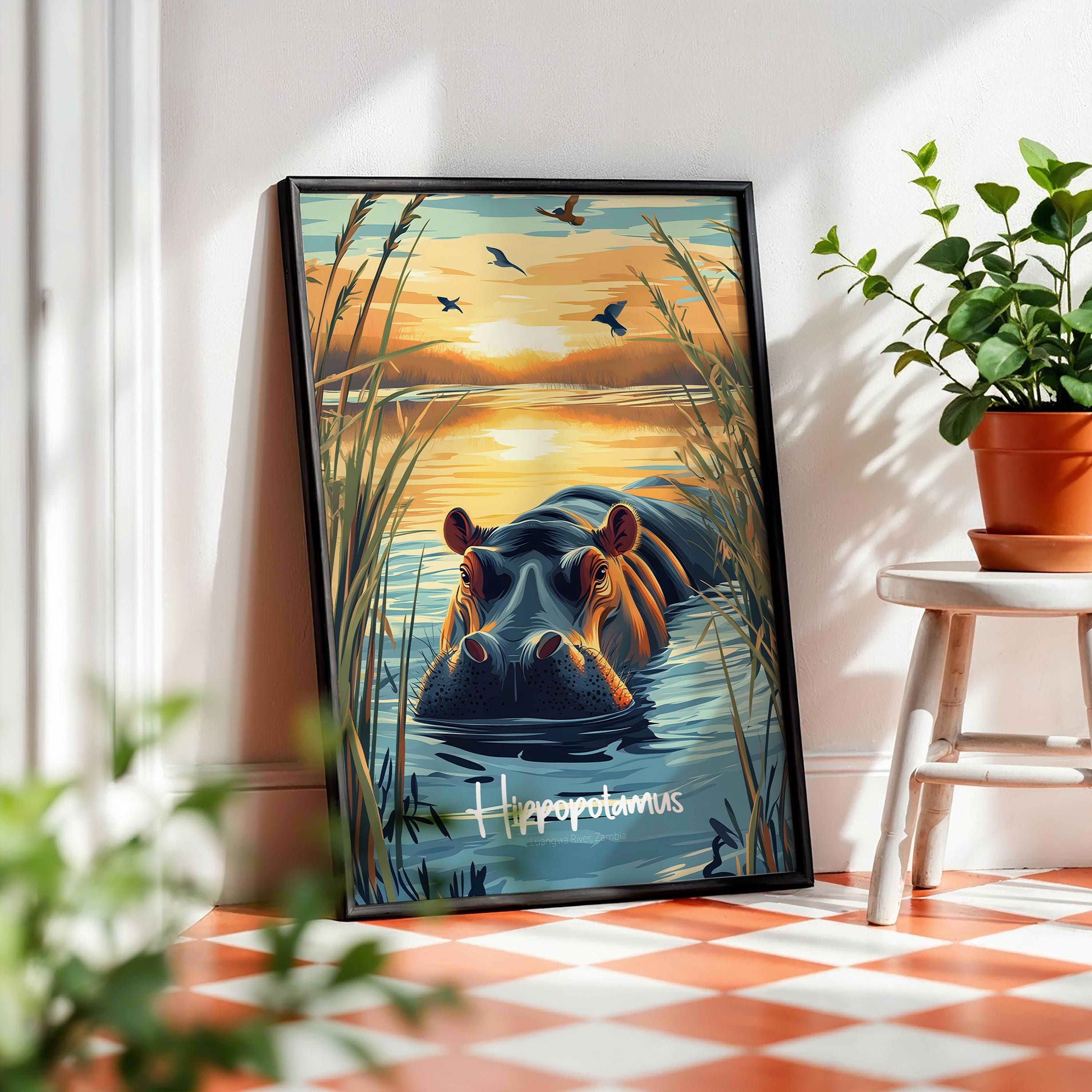 Hippo Nursery Art Print: Safari Animal Illustration