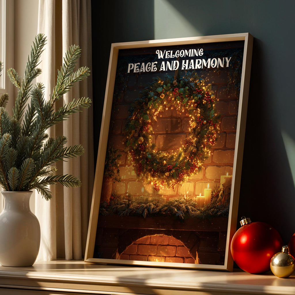 Christmas Wreath Fireplace Poster – Warm Holiday Wall Art with Peace & Harmony Message