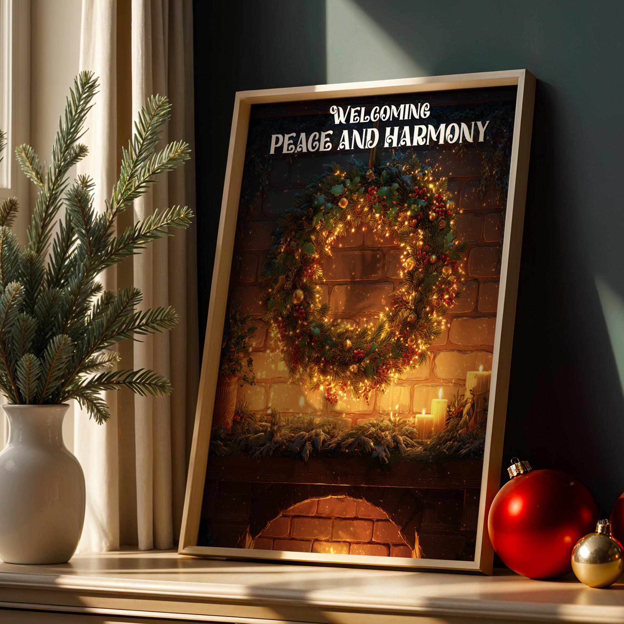 Christmas Wreath Fireplace Poster – Warm Holiday Wall Art with Peace & Harmony Message