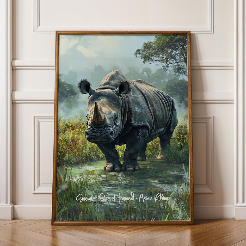 Asian Rhino Wall Art – Greater One-horned Rhino Illustration, Nature-Inspired Decor, Gift for Wildlife Lovers