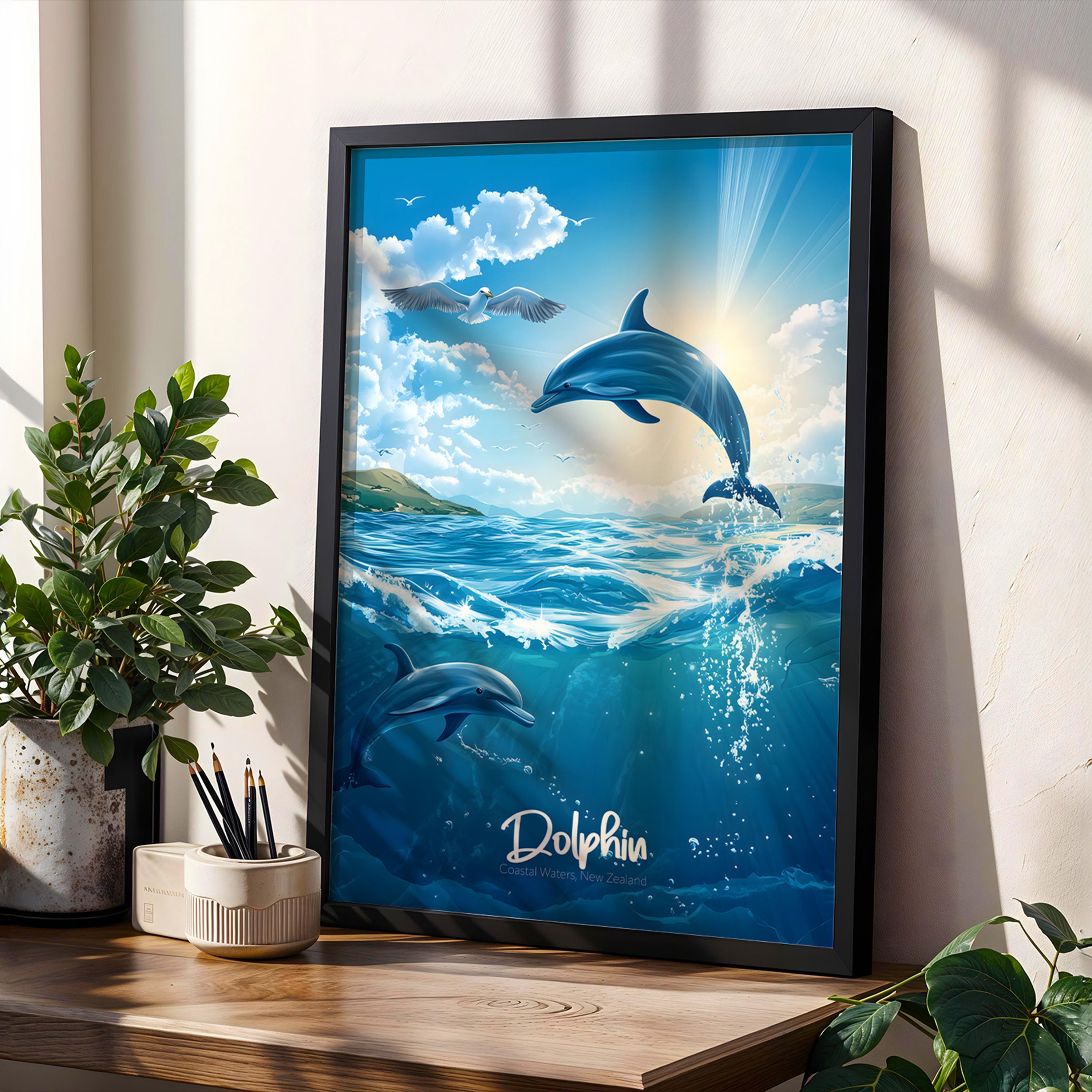 Dolphin Wall Art Print: Tropical Ocean Wildlife Illustration