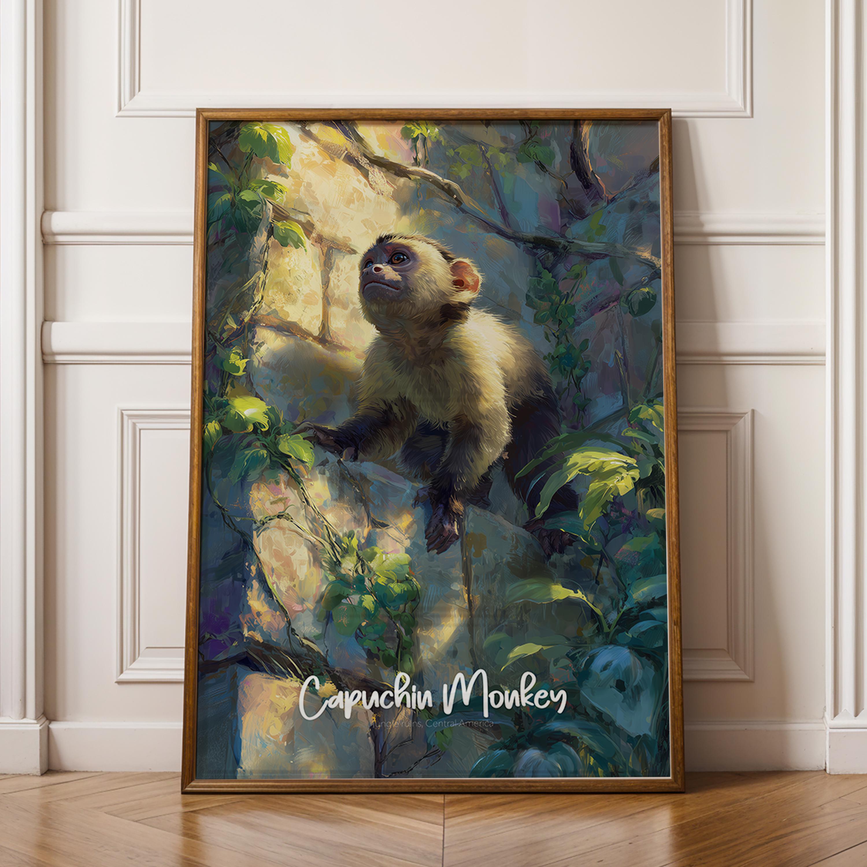 Capuchin Monkey Framed Poster: Playful Jungle Nursery Wall Art