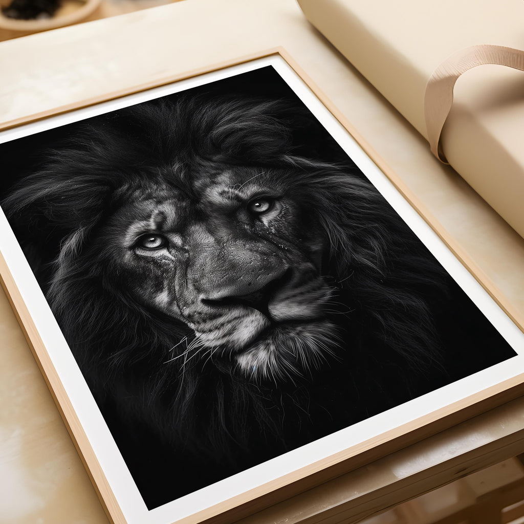 Majestic Lion Art Print: Black and White Wildlife Poster