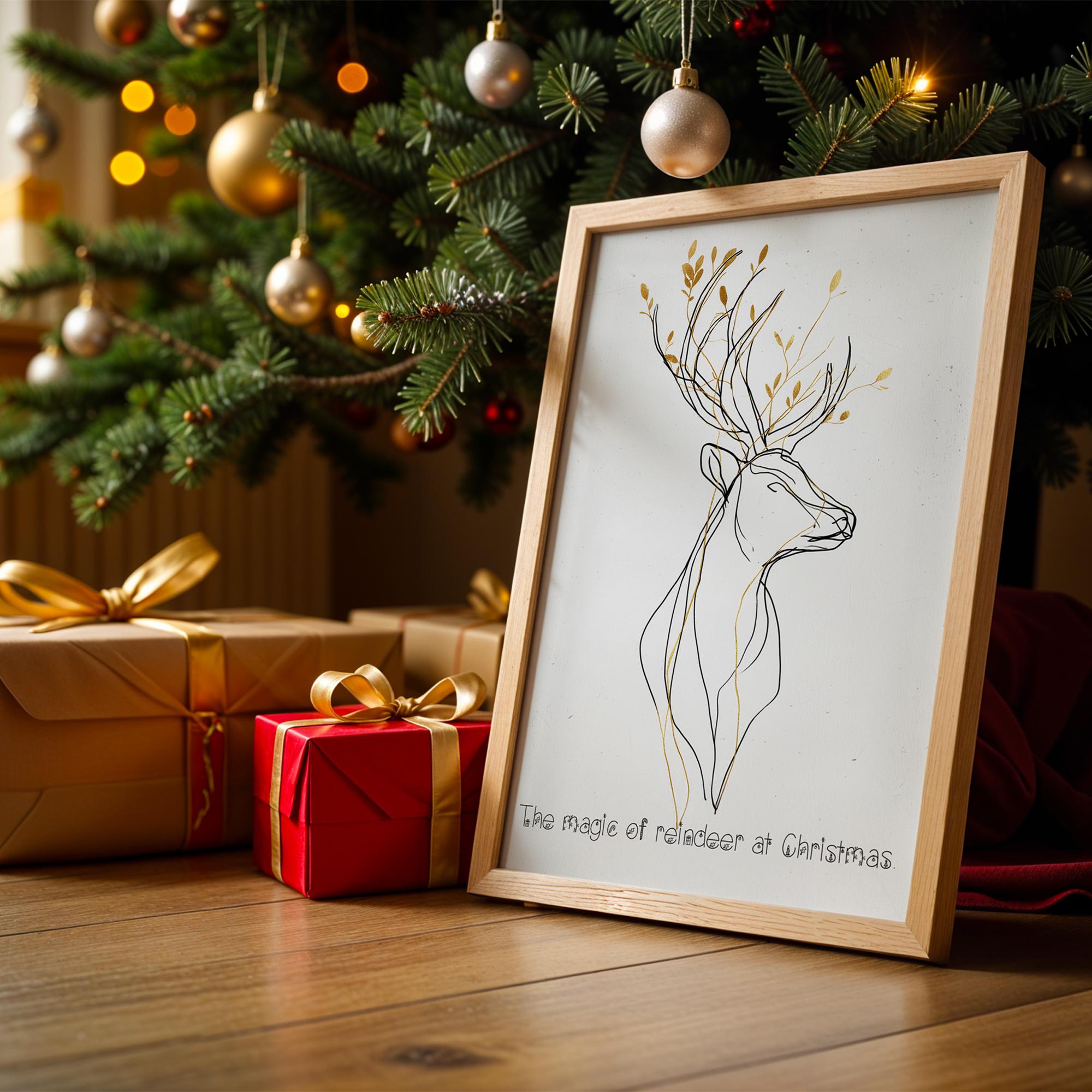 Minimalist Reindeer Christmas Poster – Elegant Black & Gold Holiday Wall Art