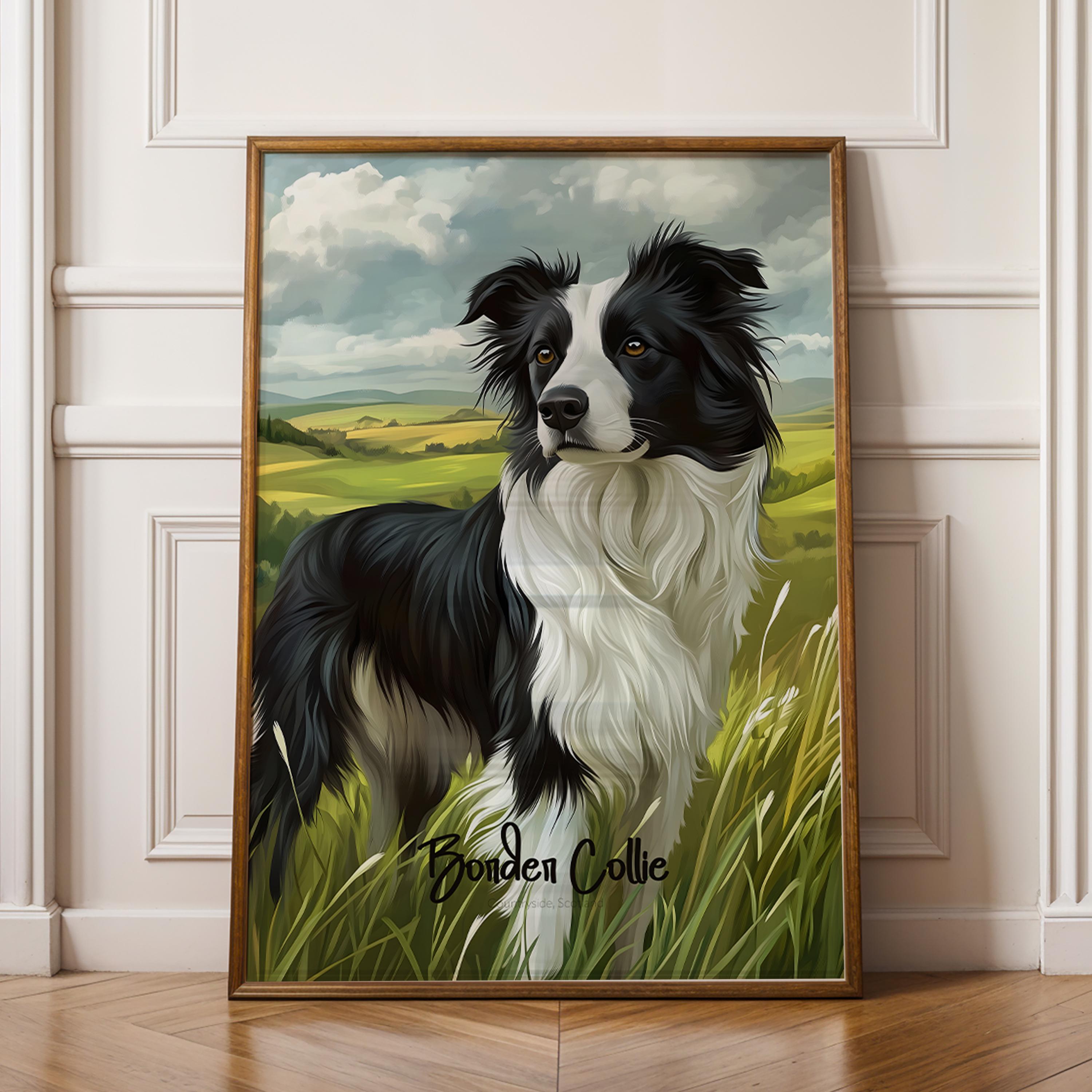 Framed Border Collie Print: Rustic Farmhouse Dog Wall Art