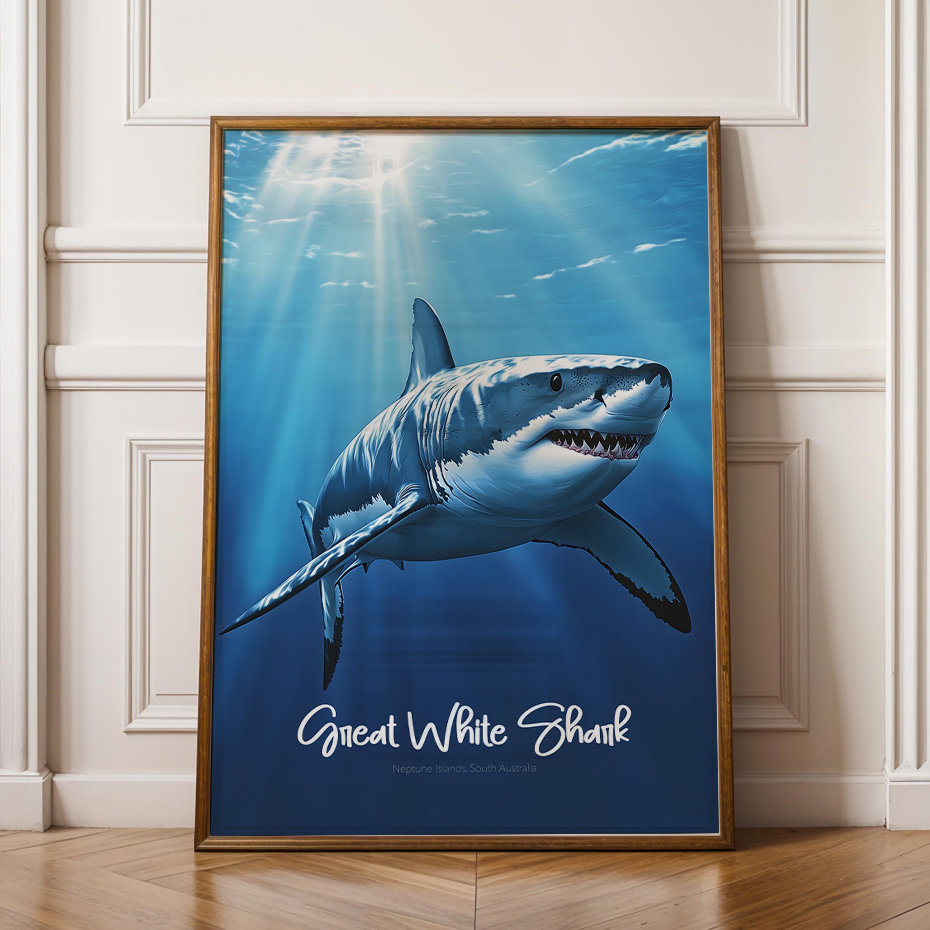 Great White Shark Framed Poster, Ocean Wall Art, Marine Life Print, Nautical Decor, Shark Lover Gift, Beach House Decoration