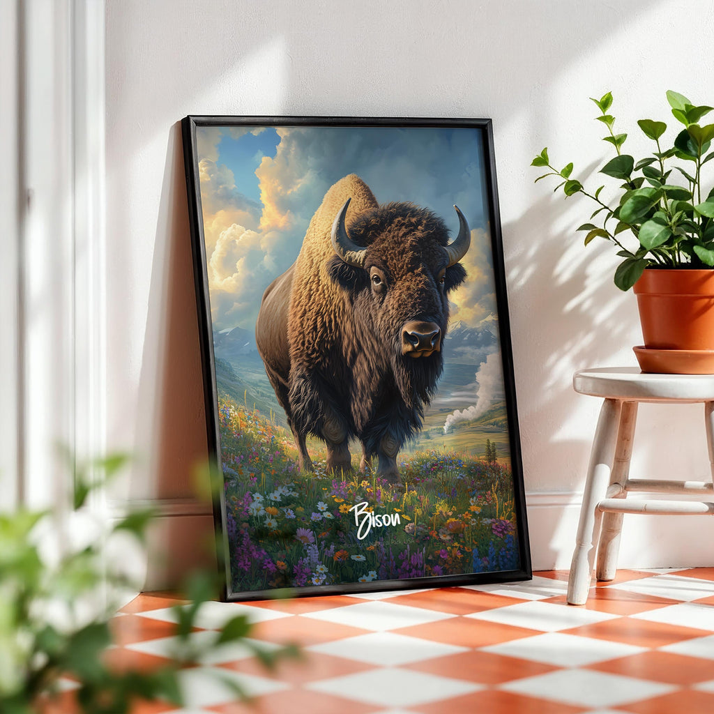 Vintage Bison Print: Rustic Buffalo Illustration, Wildlife Wall Art