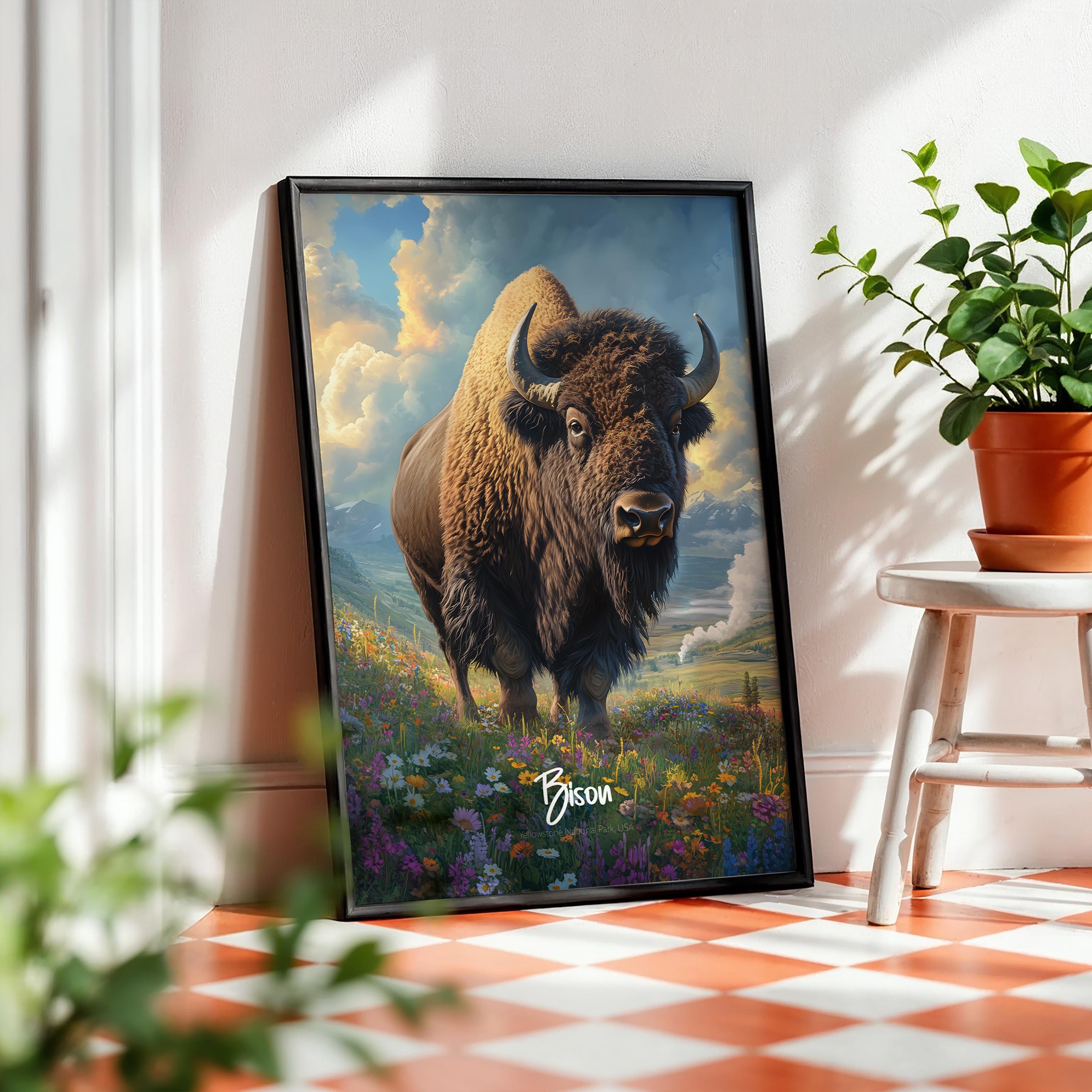 Vintage Bison Print: Rustic Buffalo Illustration, Wildlife Wall Art