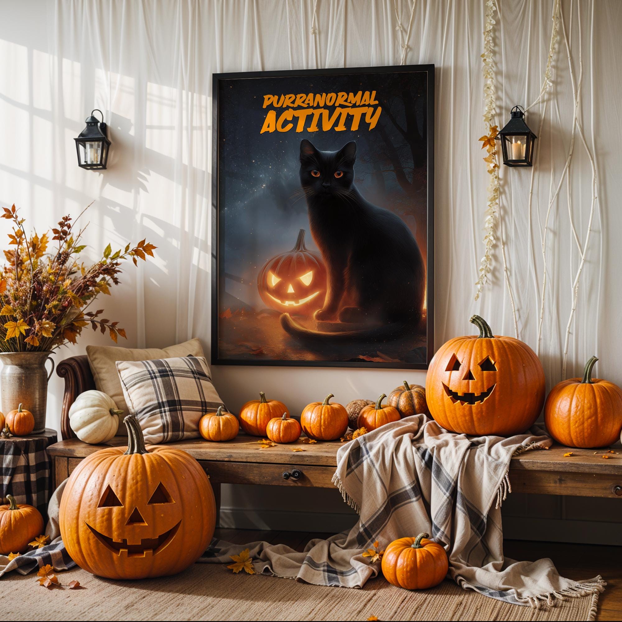 Black Cat Halloween Poster – Funny Purranormal Activity Wall Art with Pumpkin Lantern