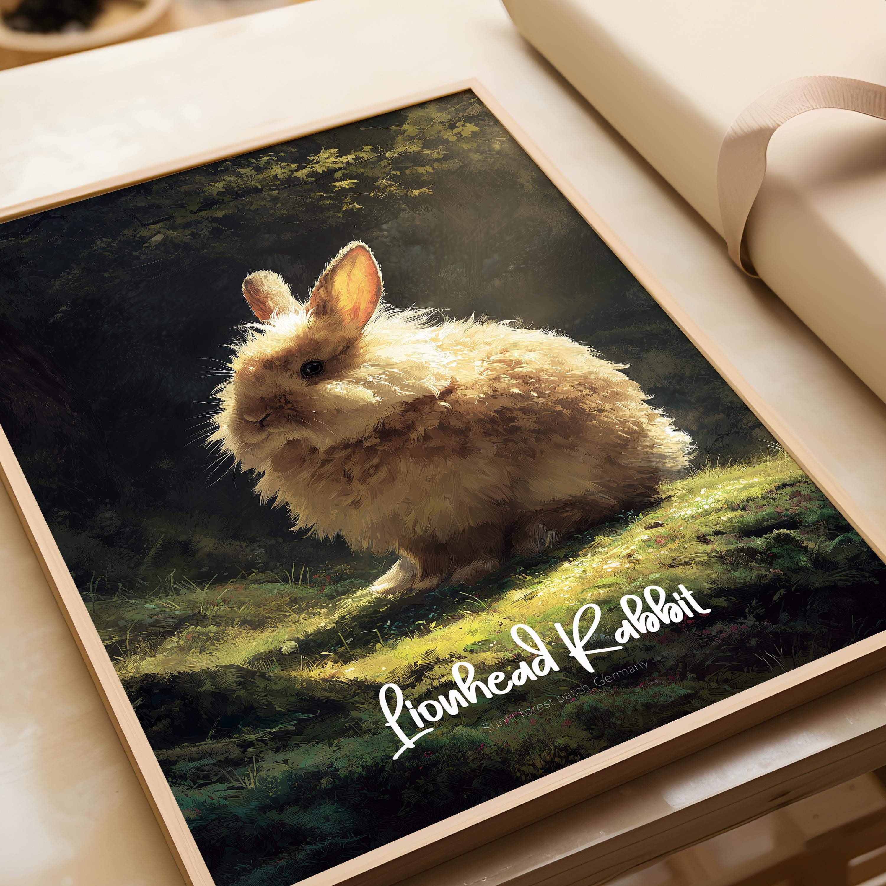 Lionhead Rabbit Wall Art Print – Cute Bunny Poster for Nursery, Kids Room or Office – Fluffy Rabbit Decor Gift