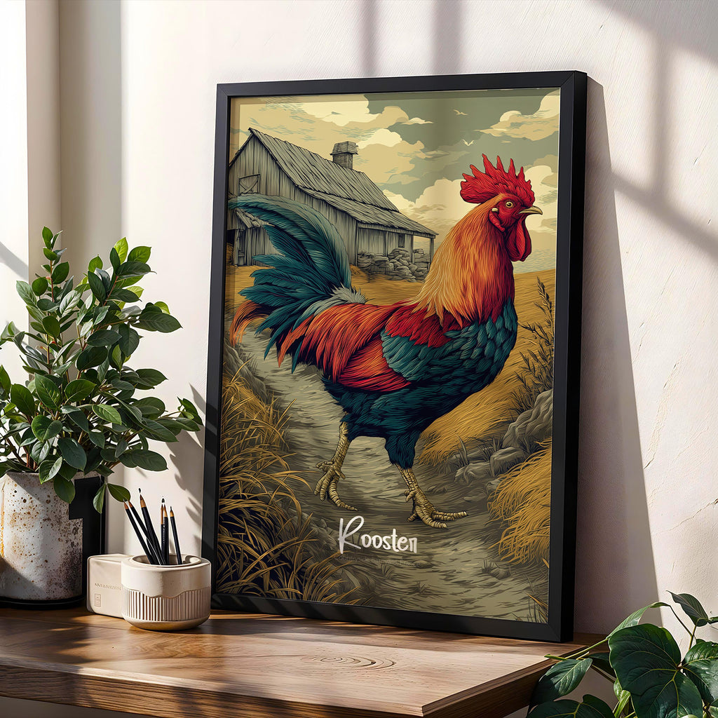 Rooster Framed Art Print: Rustic Farmhouse Animal Decor