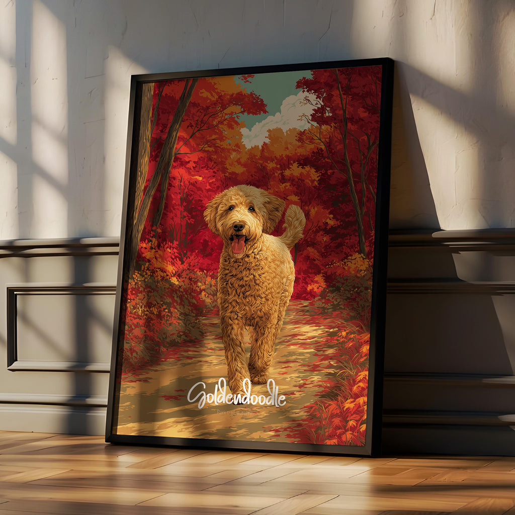 Goldendoodle Wall Art Framed Poster – Cute Dog Decor for Kids Room or Nursery, Fluffy Pet Print, Playful Animal-Themed Gift