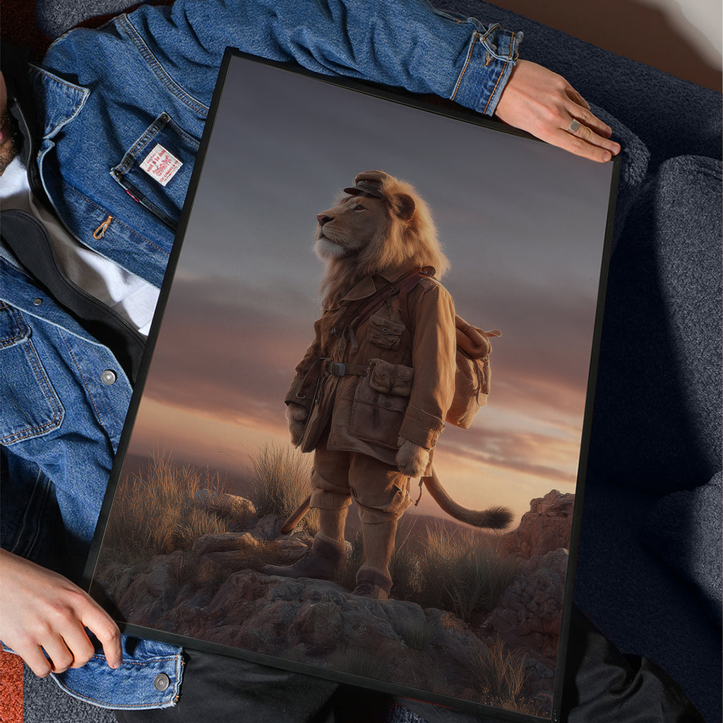 Regal Lion in Africa – Animal Portrait Explorer Wall Art, Colonial Style Wildlife Print