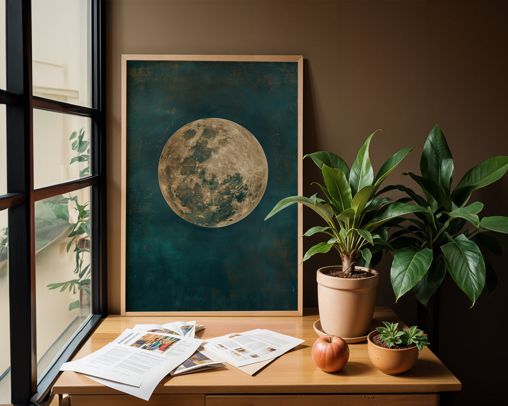 Moon wall art with warm golden moon tones in peaceful meditation space