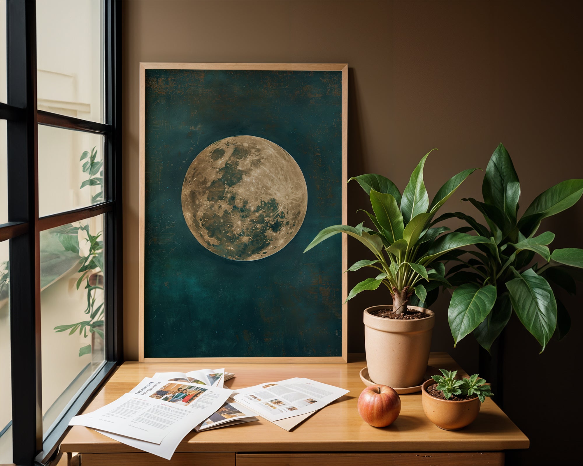 Moon wall art with warm golden moon tones in peaceful meditation space