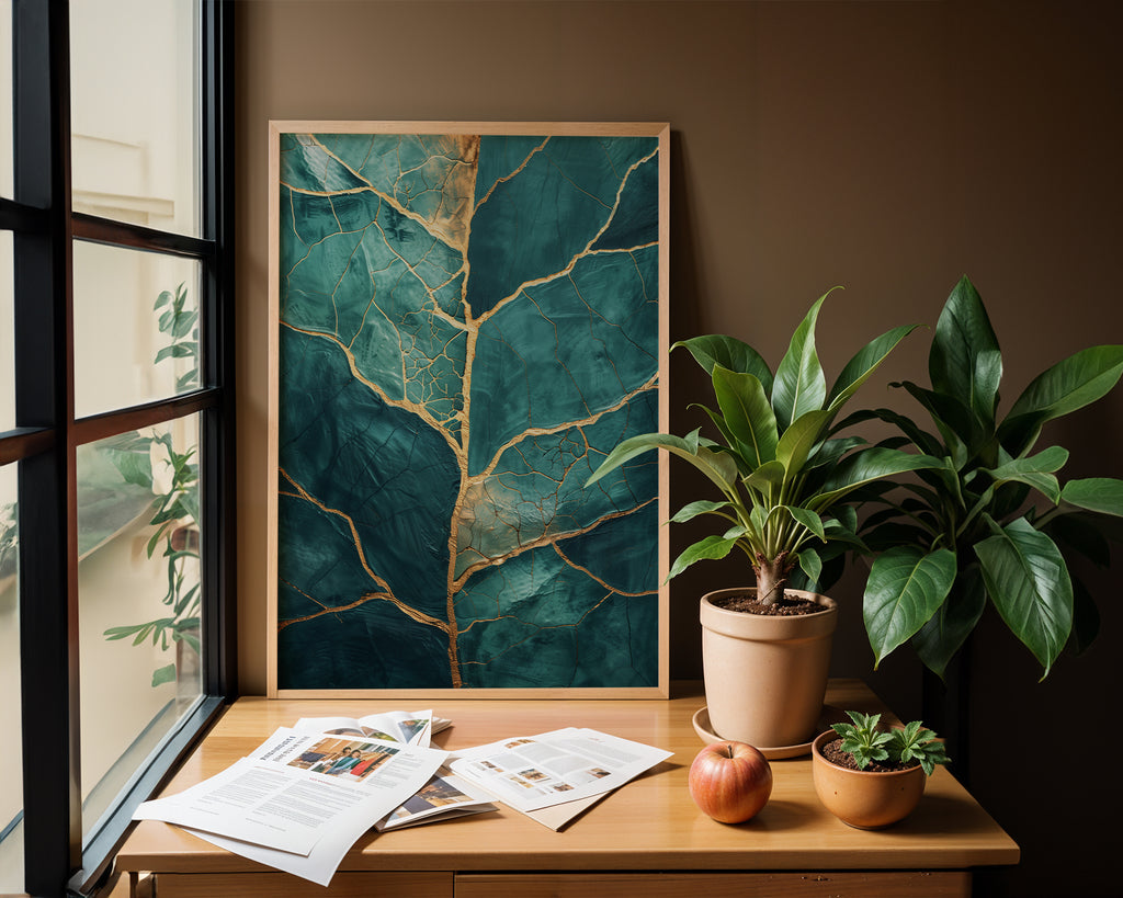 Gold Kintsugi Wall Art featuring abstract teal with golden veins in a stylish interior setting.