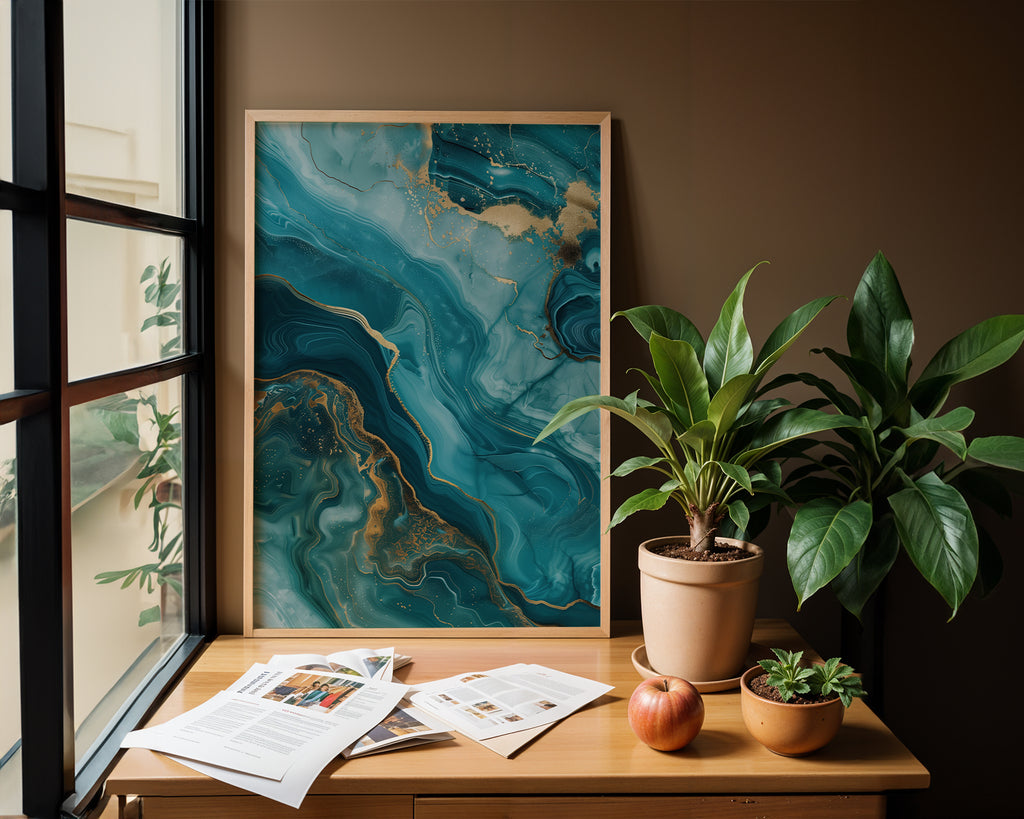 Ocean wall art with wave-like teal and turquoise forms in elegant room