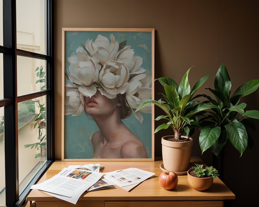 Botanical wall art featuring graceful woman with white floral crown in serene setting