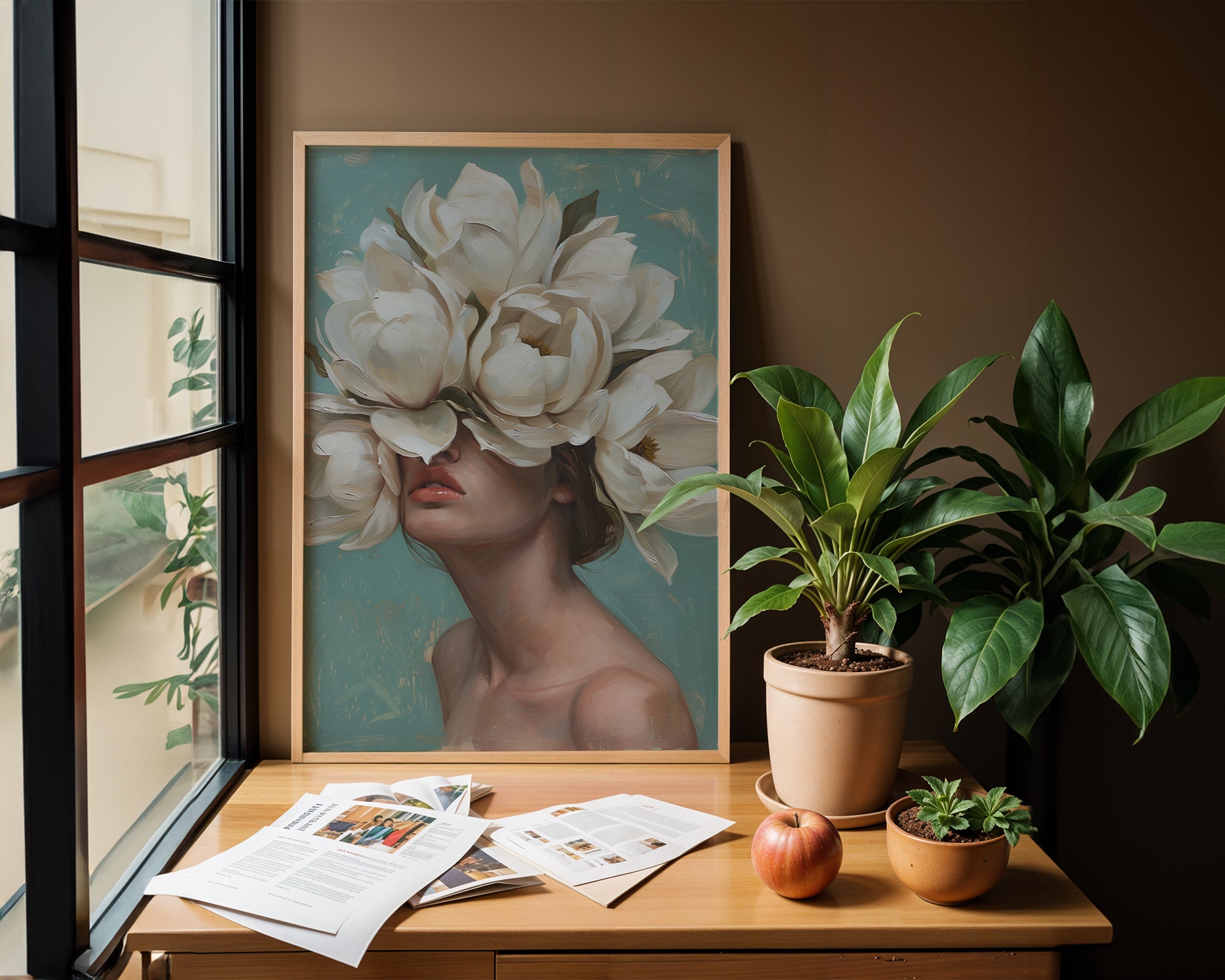 Botanical wall art featuring graceful woman with white floral crown in serene setting