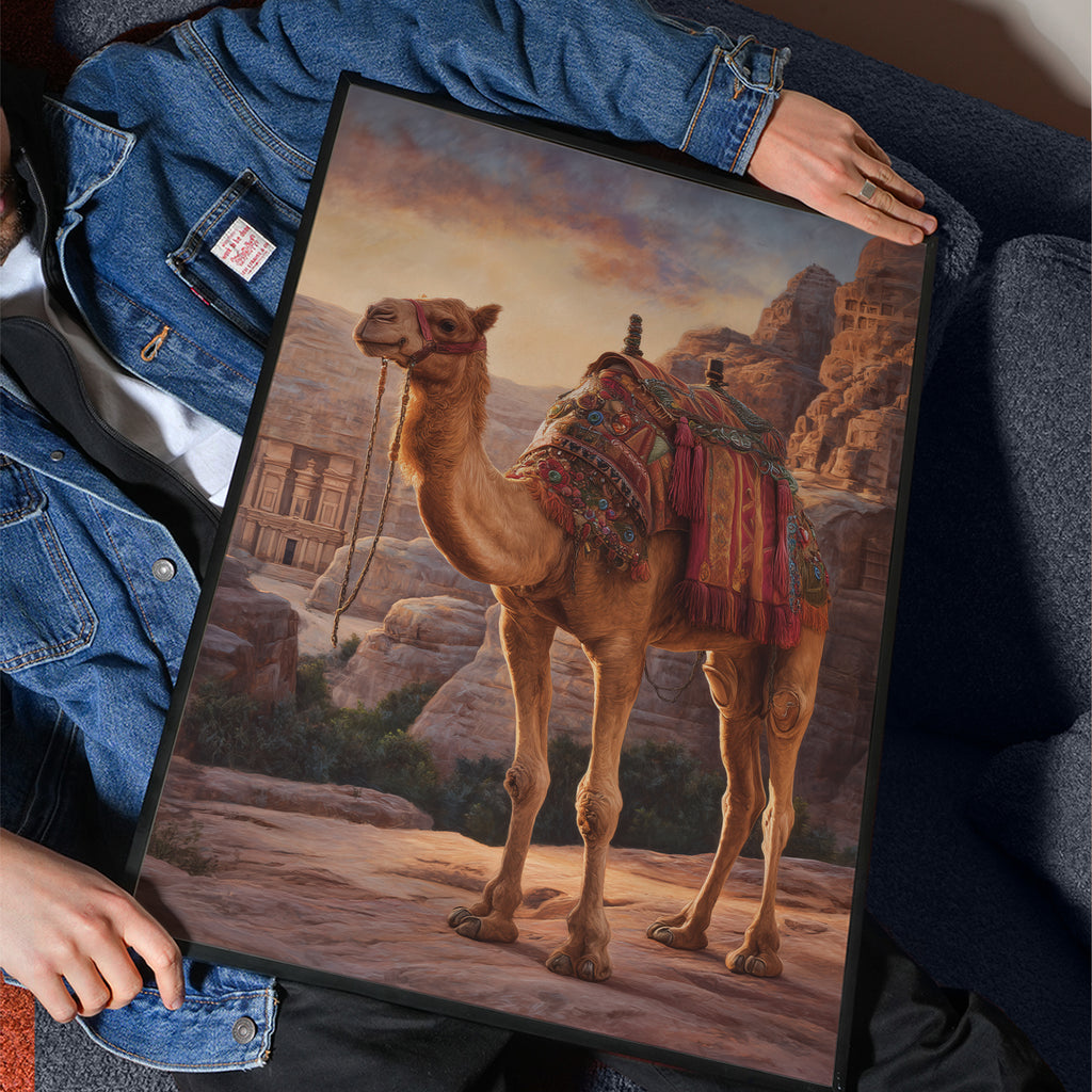 Royal Camel Poster – Desert Animal Art Print, Petra Inspired Wall Decor, Arabian Fantasy Illustration