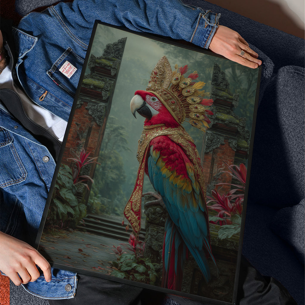 Royal Parrot Poster – Exotic Bird Art Print, Balinese Jungle Wall Decor, Tropical Animal Illustration
