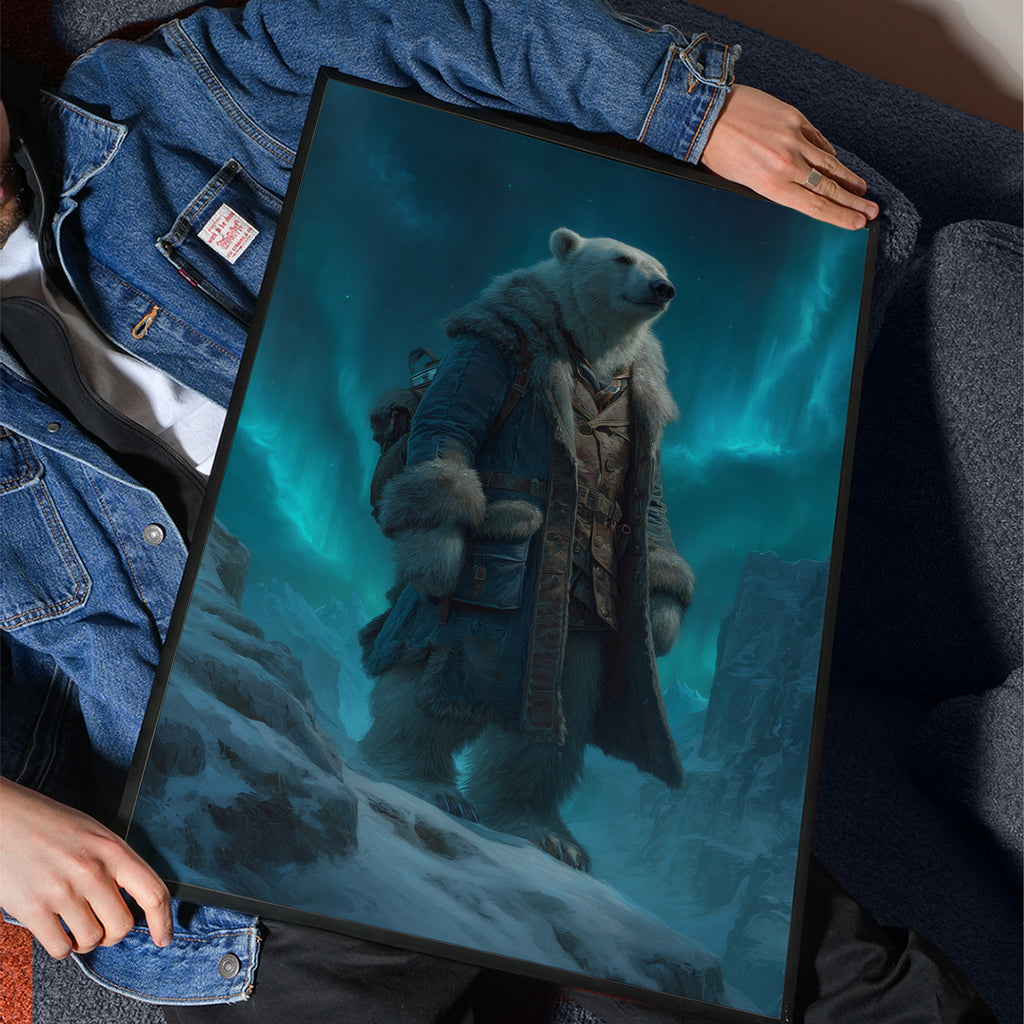 Polar Bear Explorer Print: Arctic Animal Art, Aurora Borealis Fantasy